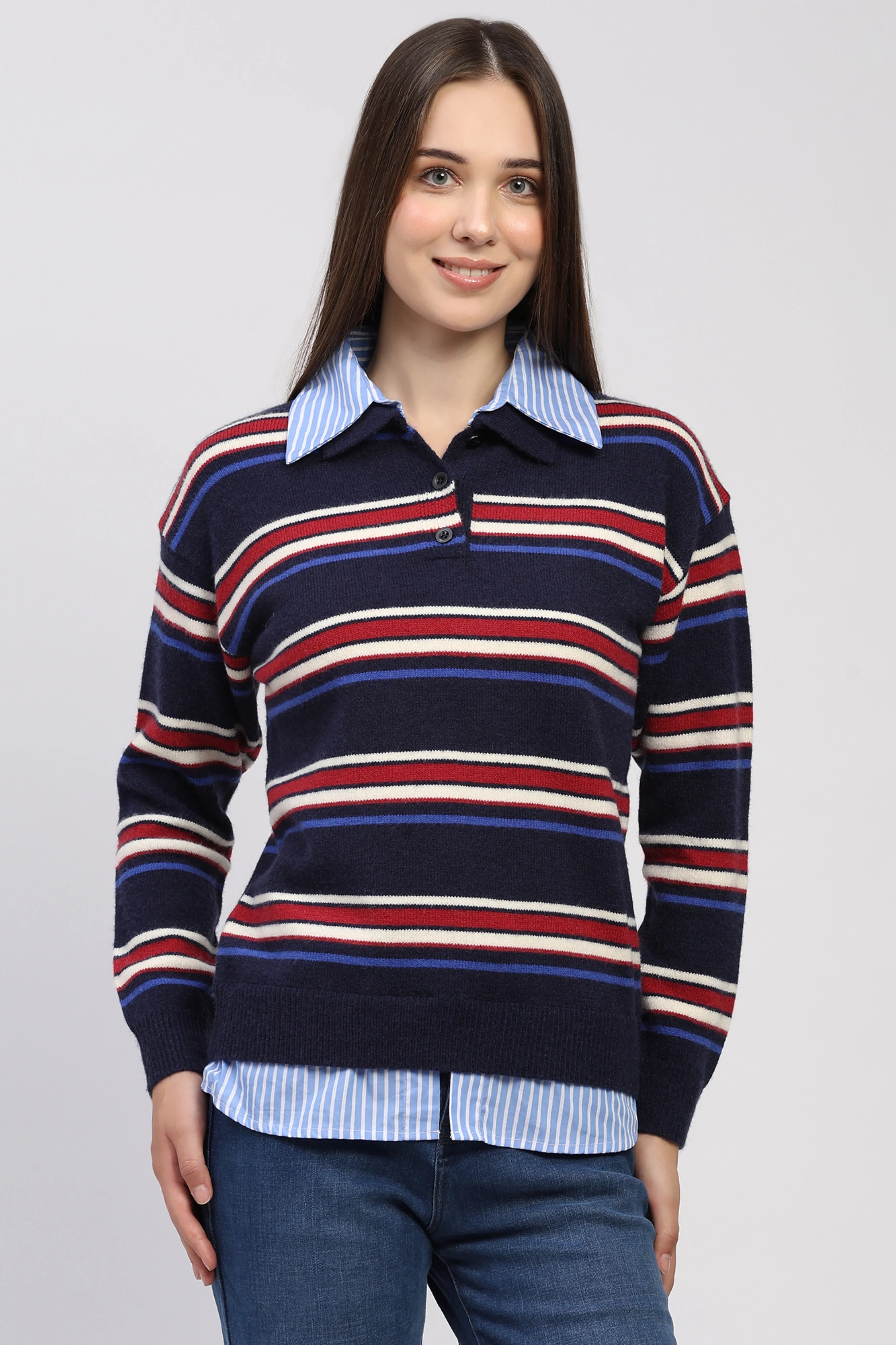 Navy Striped Shirt Collar Pullover