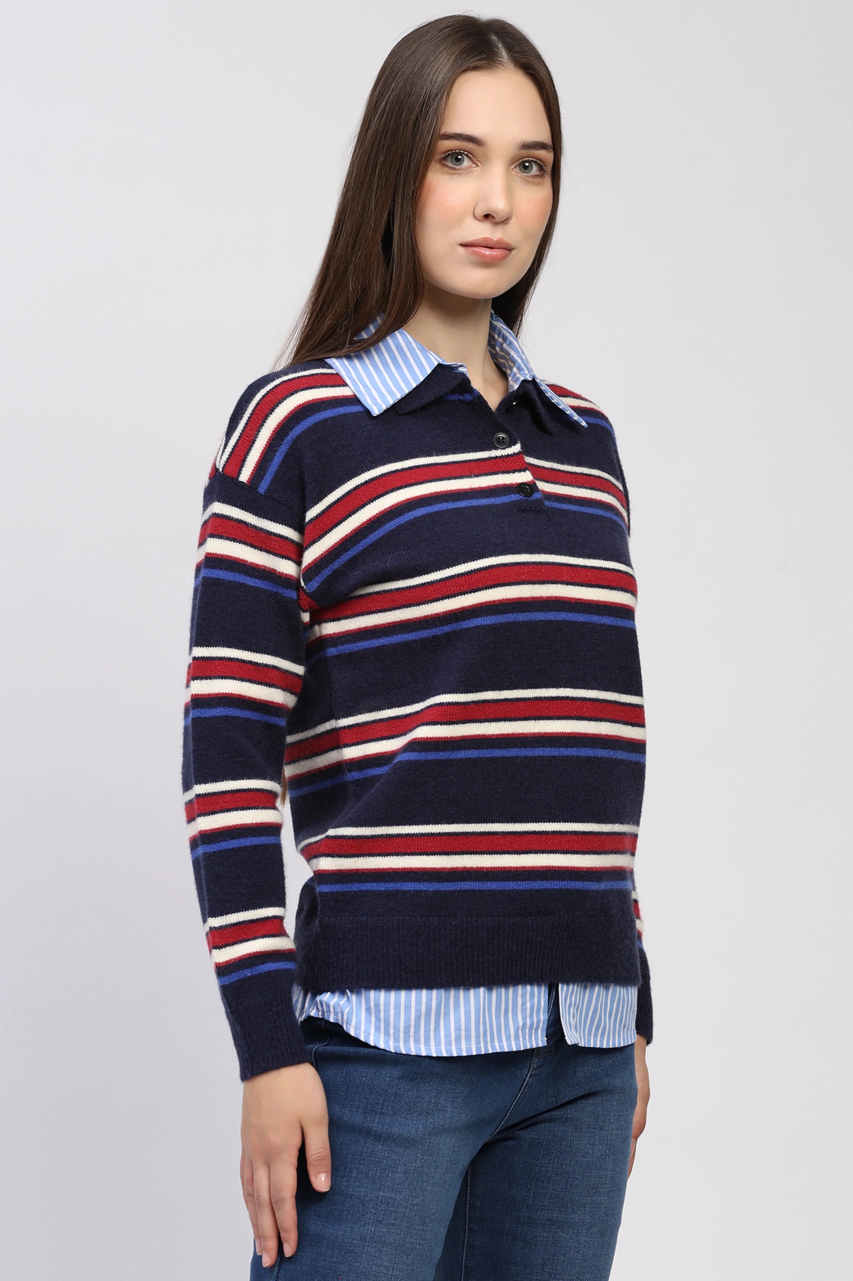 Navy Striped Shirt Collar Pullover