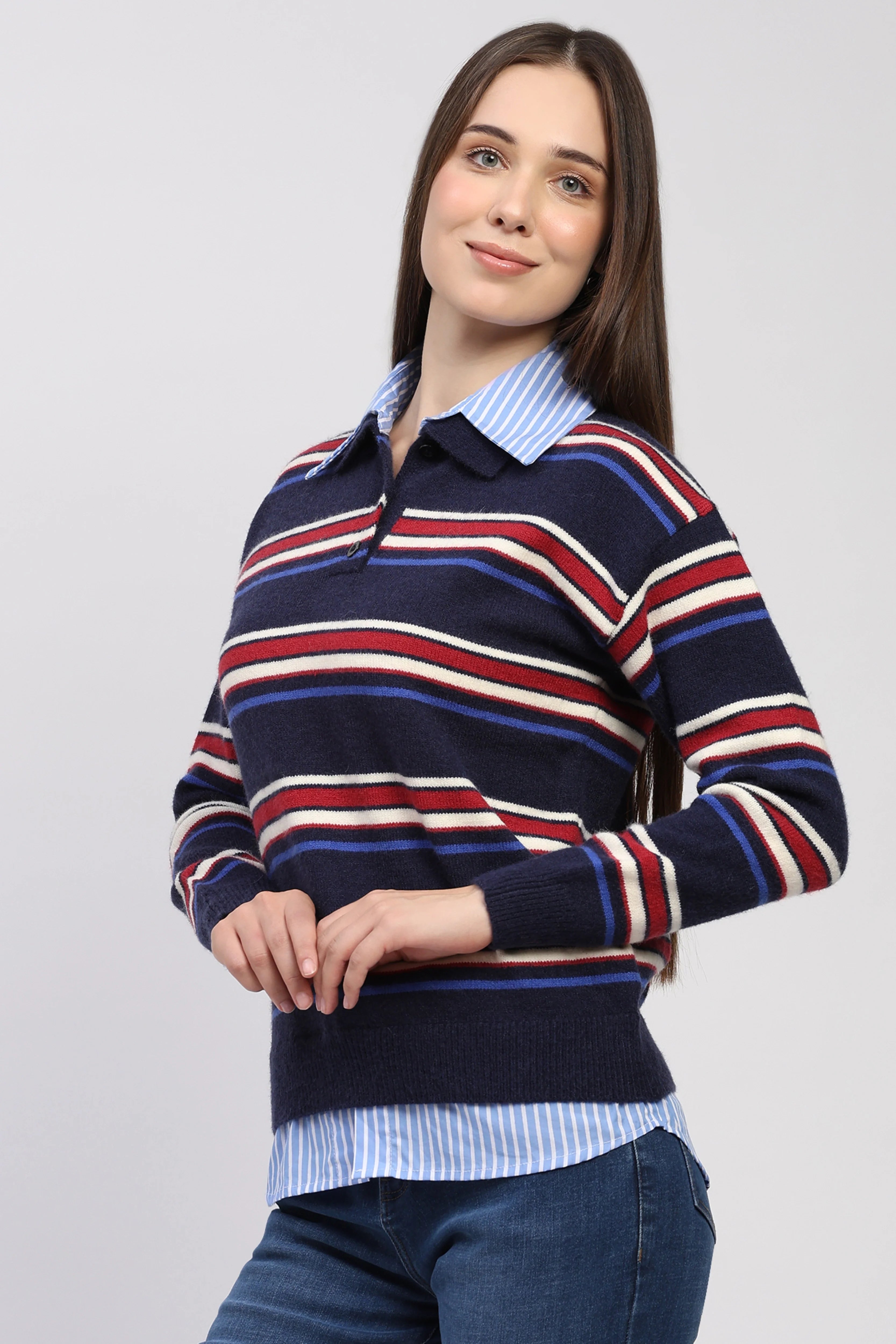 Navy Striped Shirt Collar Pullover