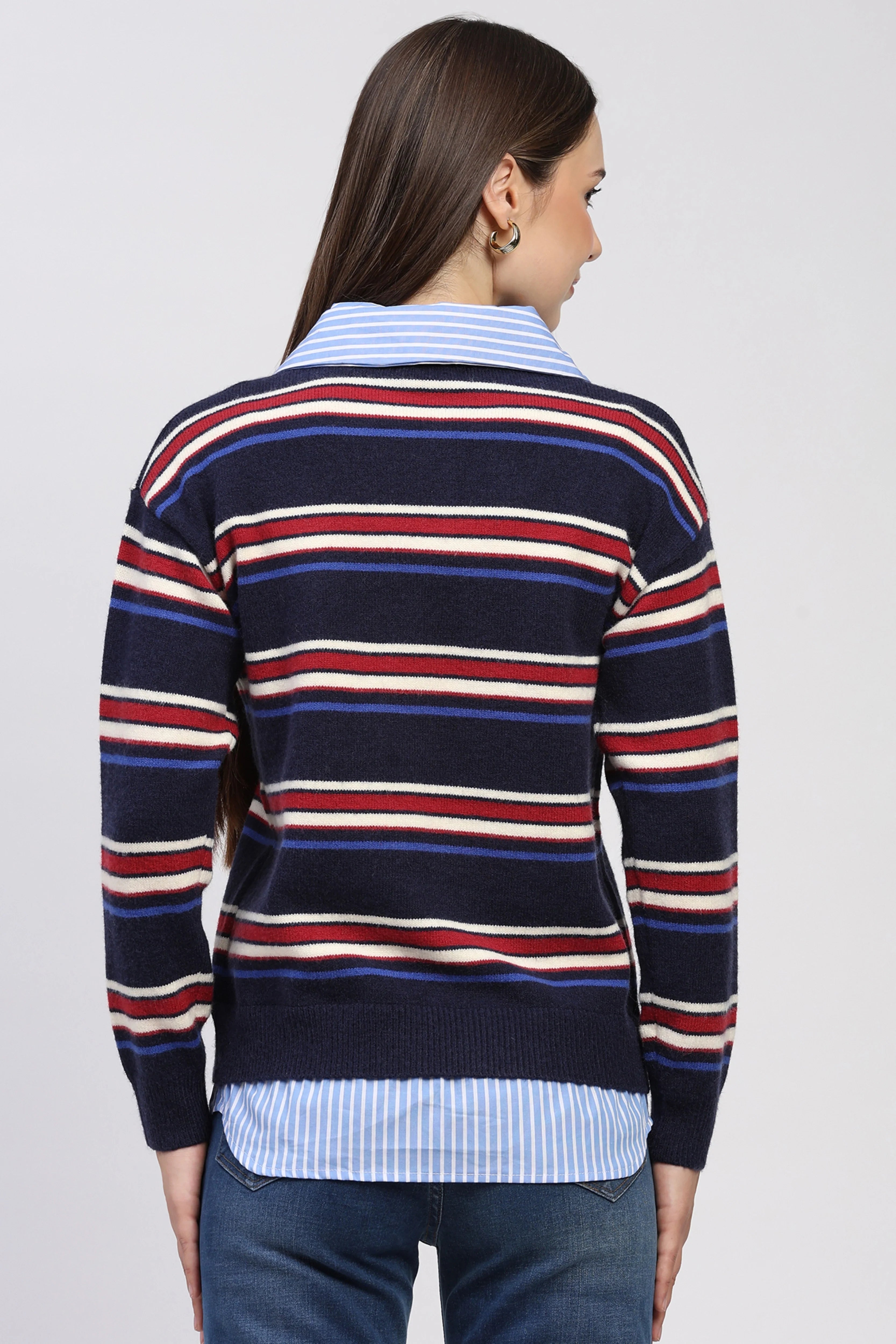 Navy Striped Shirt Collar Pullover