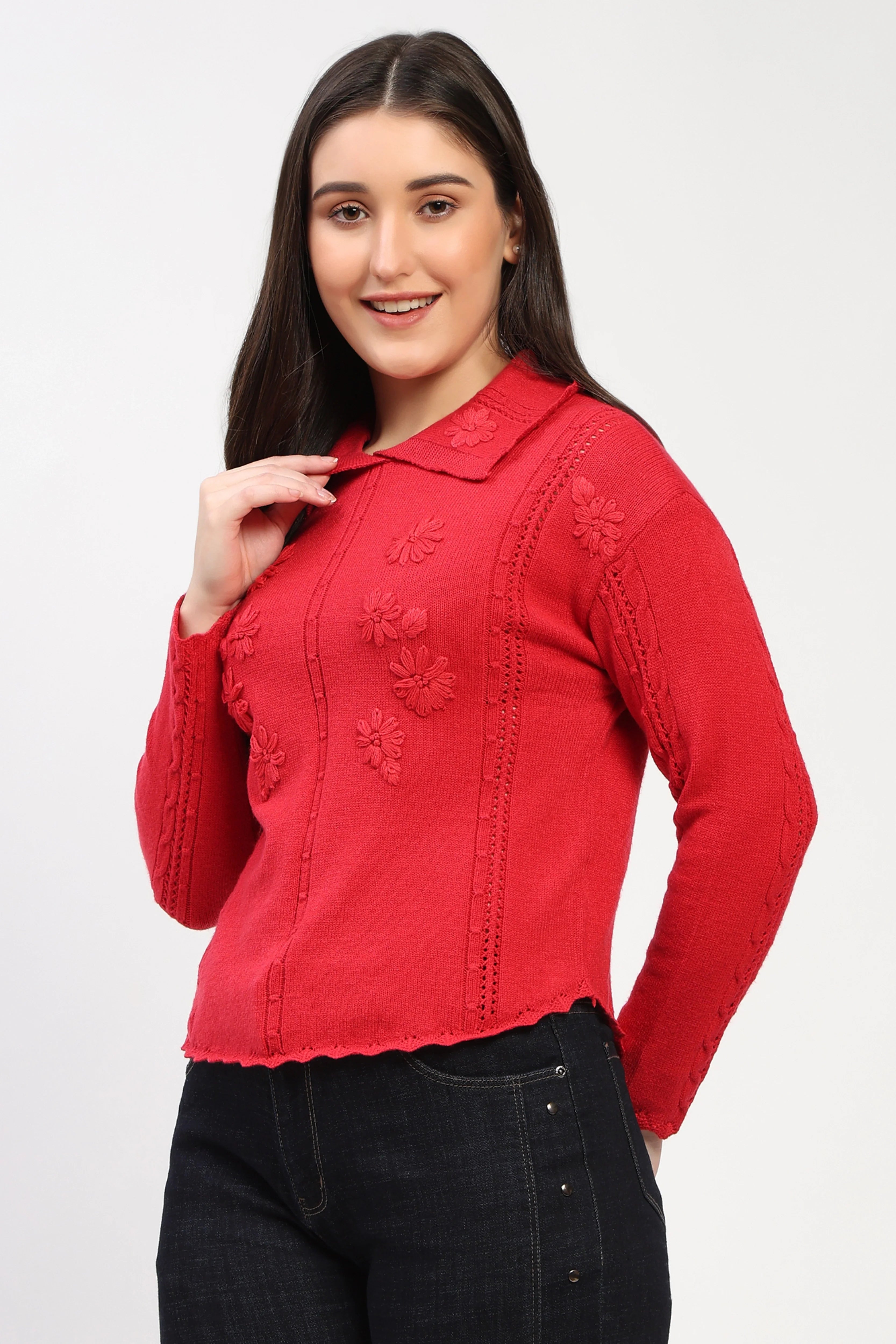Red Floral Embroidered Pullover-Global Republic