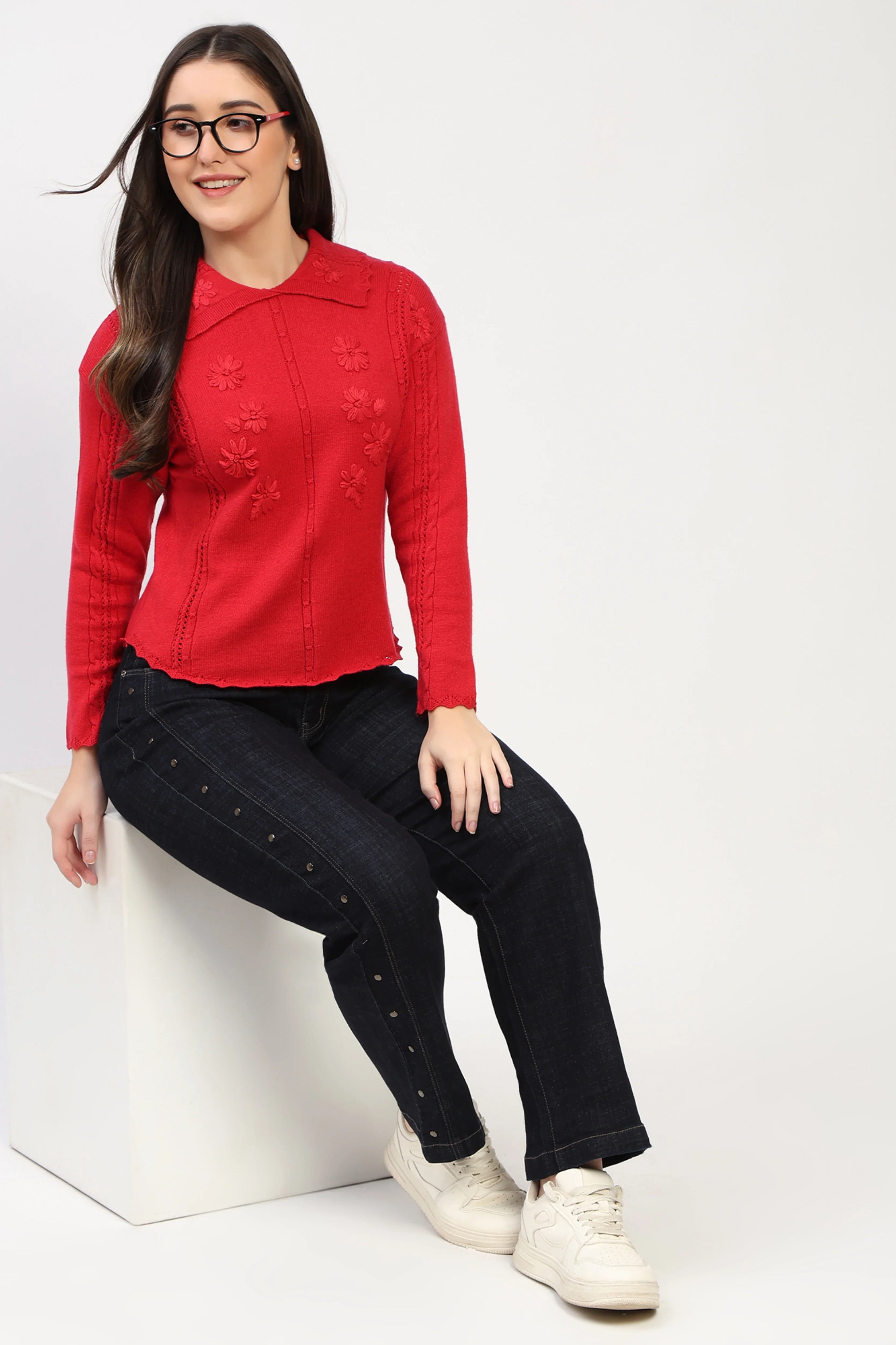 Red Floral Embroidered Pullover-Global Republic