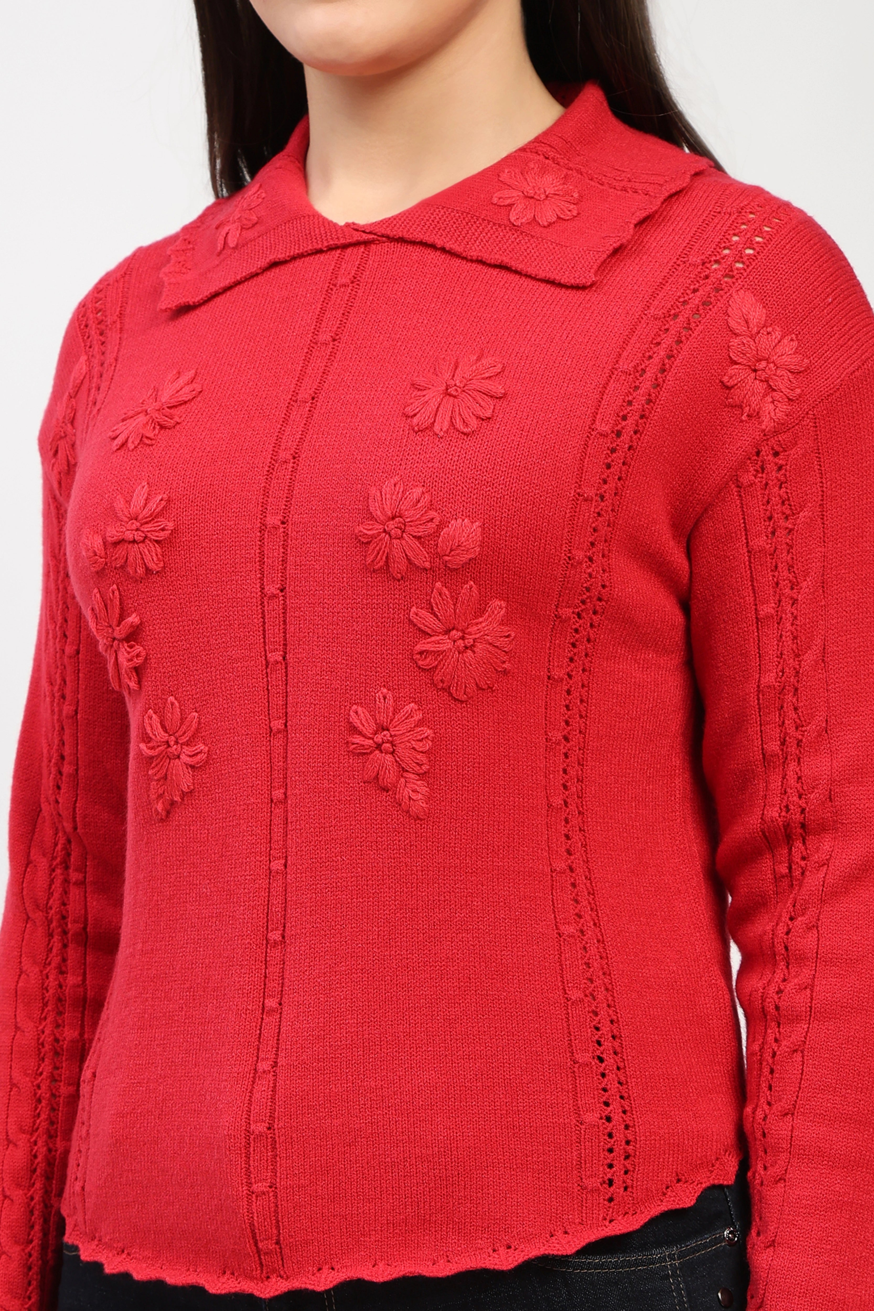 Red Floral Embroidered Pullover
