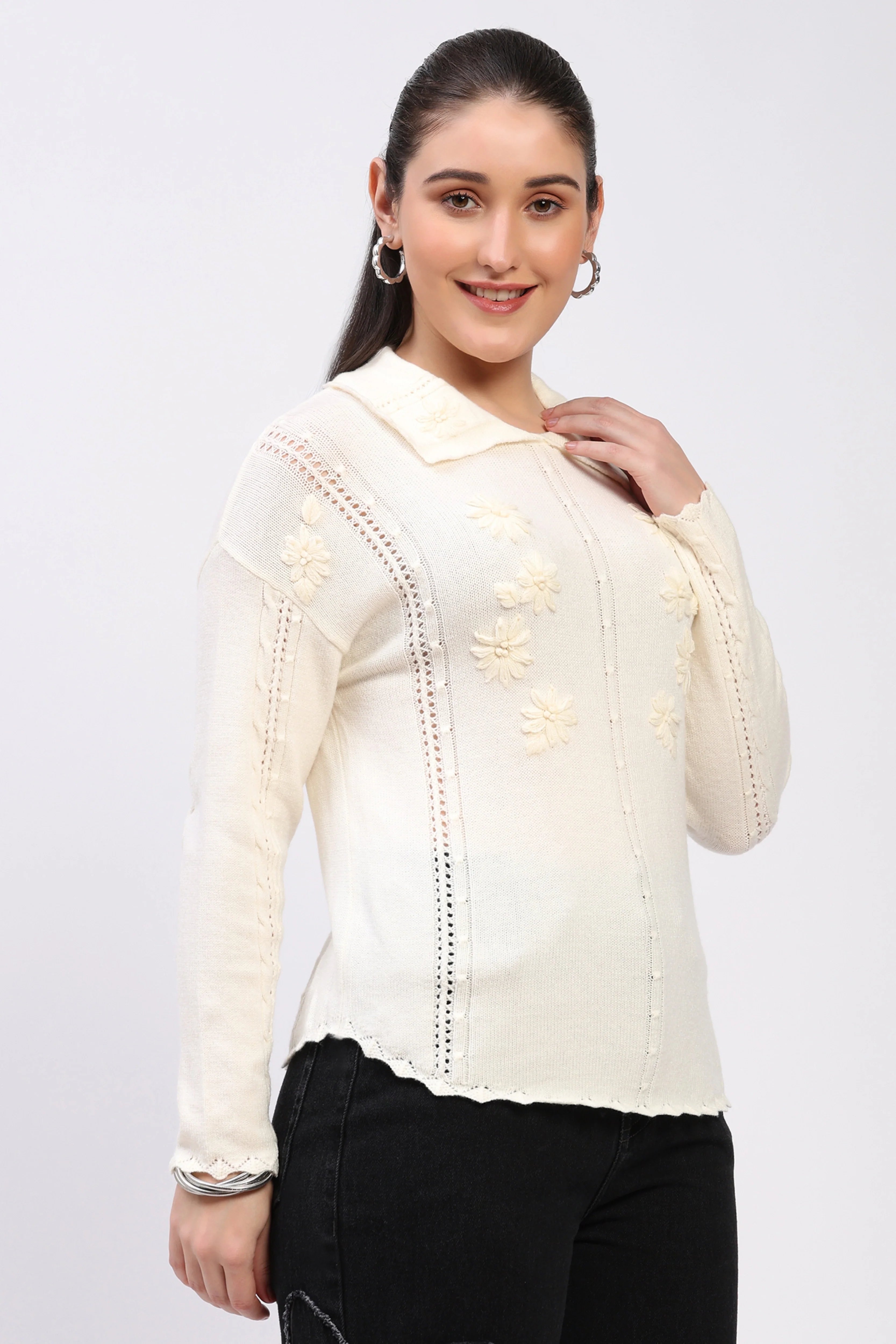 Off-White Floral Embroidered Pullover-Global Republic