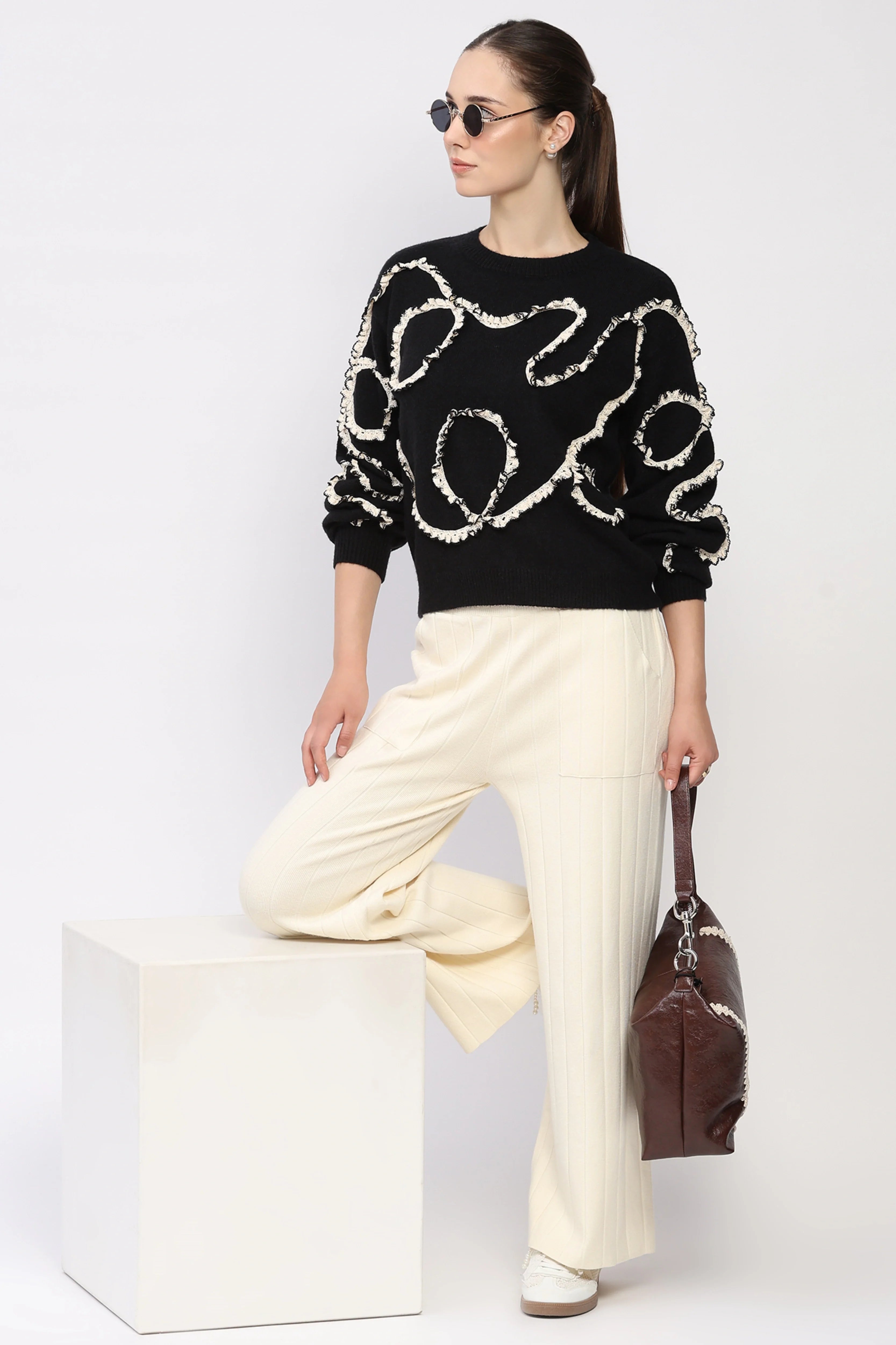 Black Crochet Lace Embellished Pullover