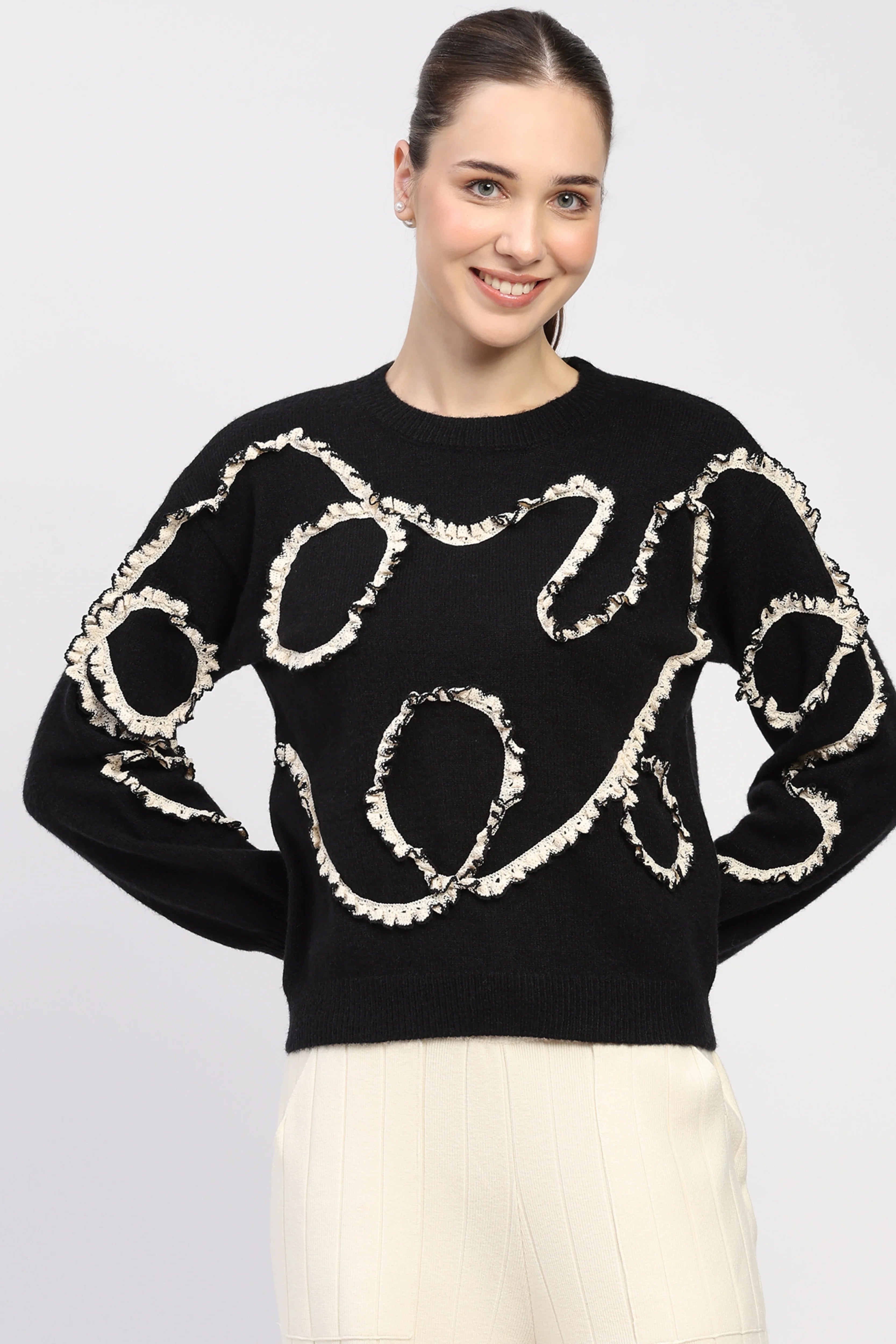 Black Crochet Lace Embellished Pullover