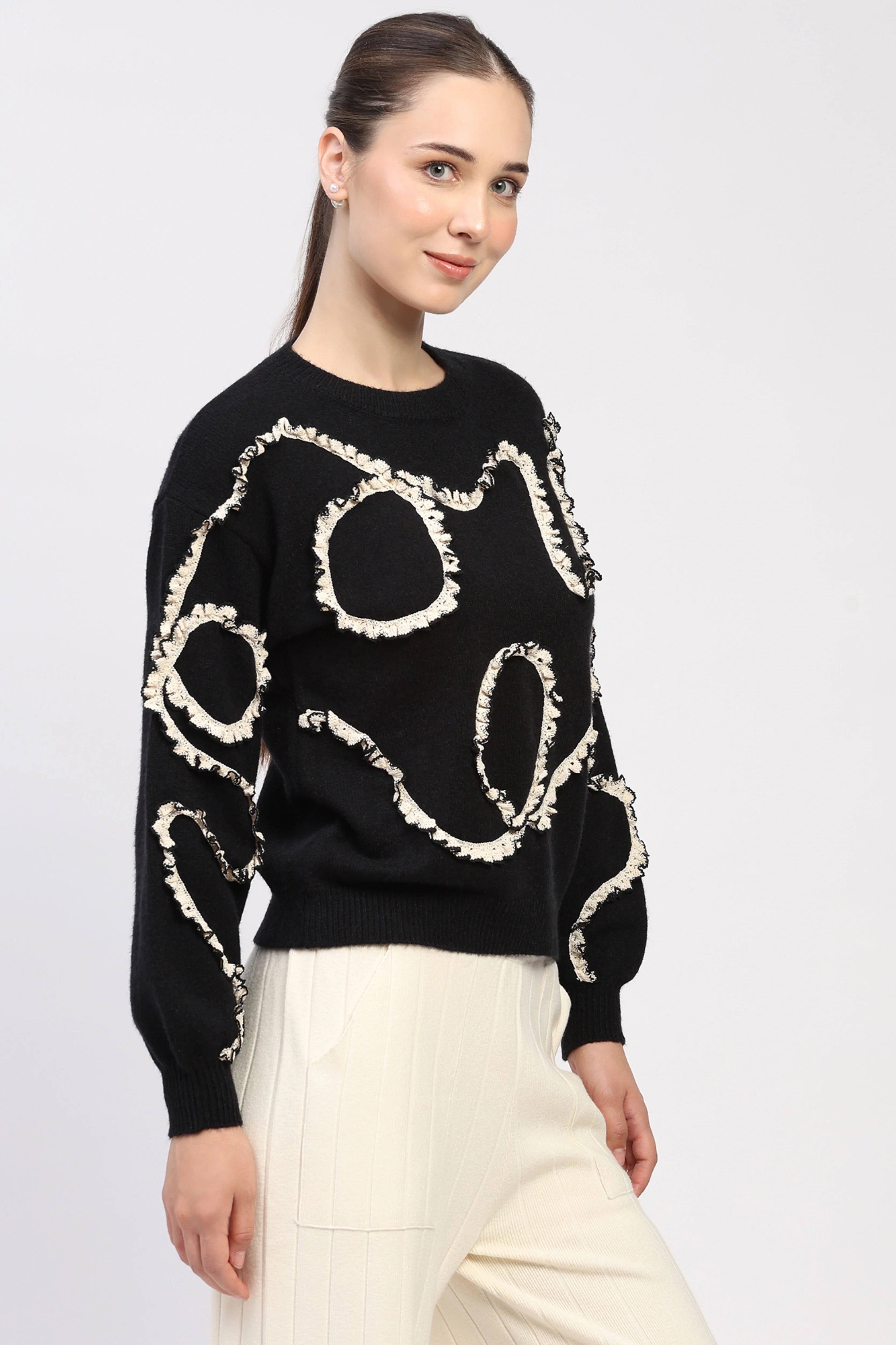Black Crochet Lace Embellished Pullover