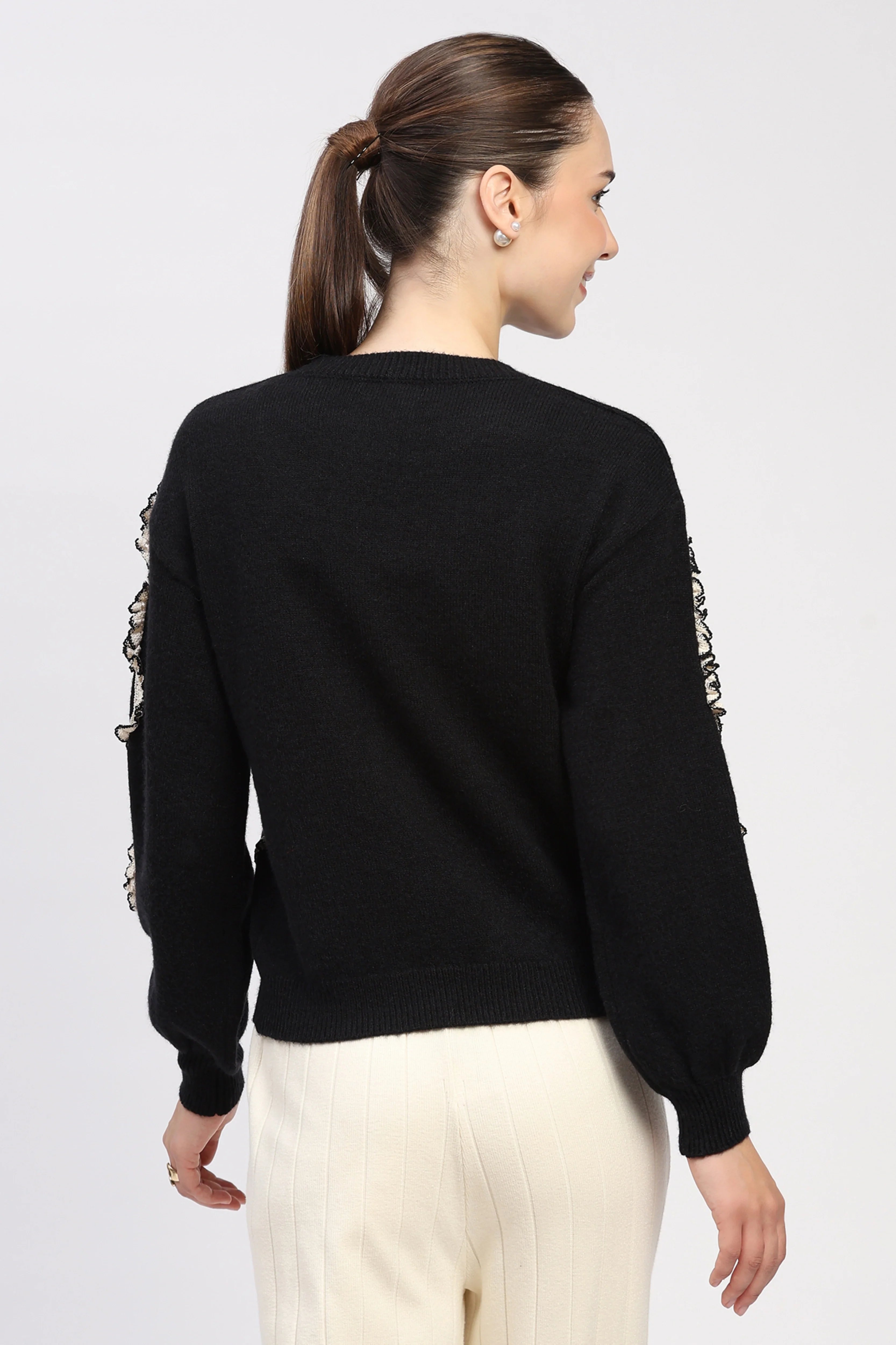 Black Crochet Lace Embellished Pullover
