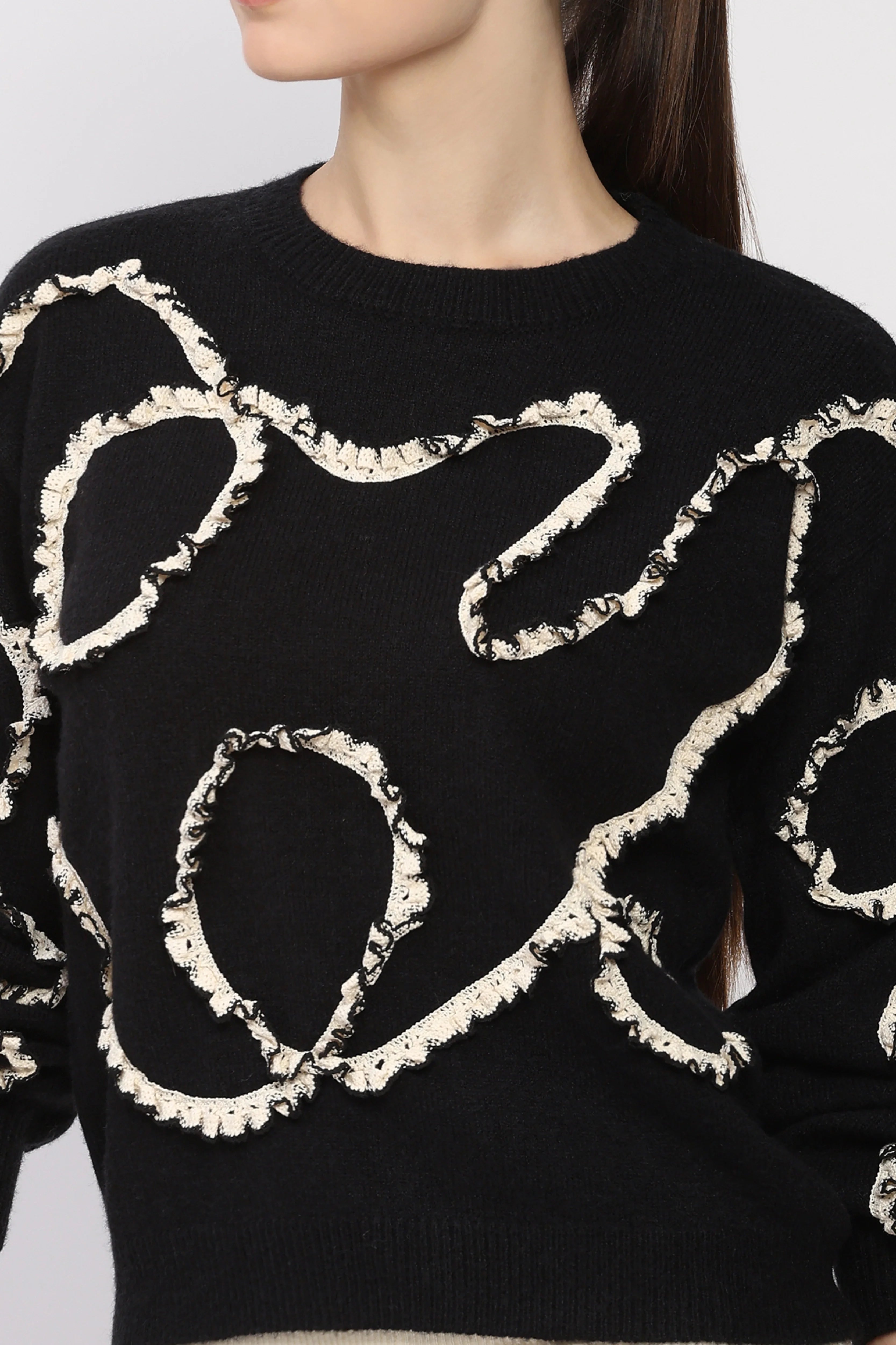 Black Crochet Lace Embellished Pullover