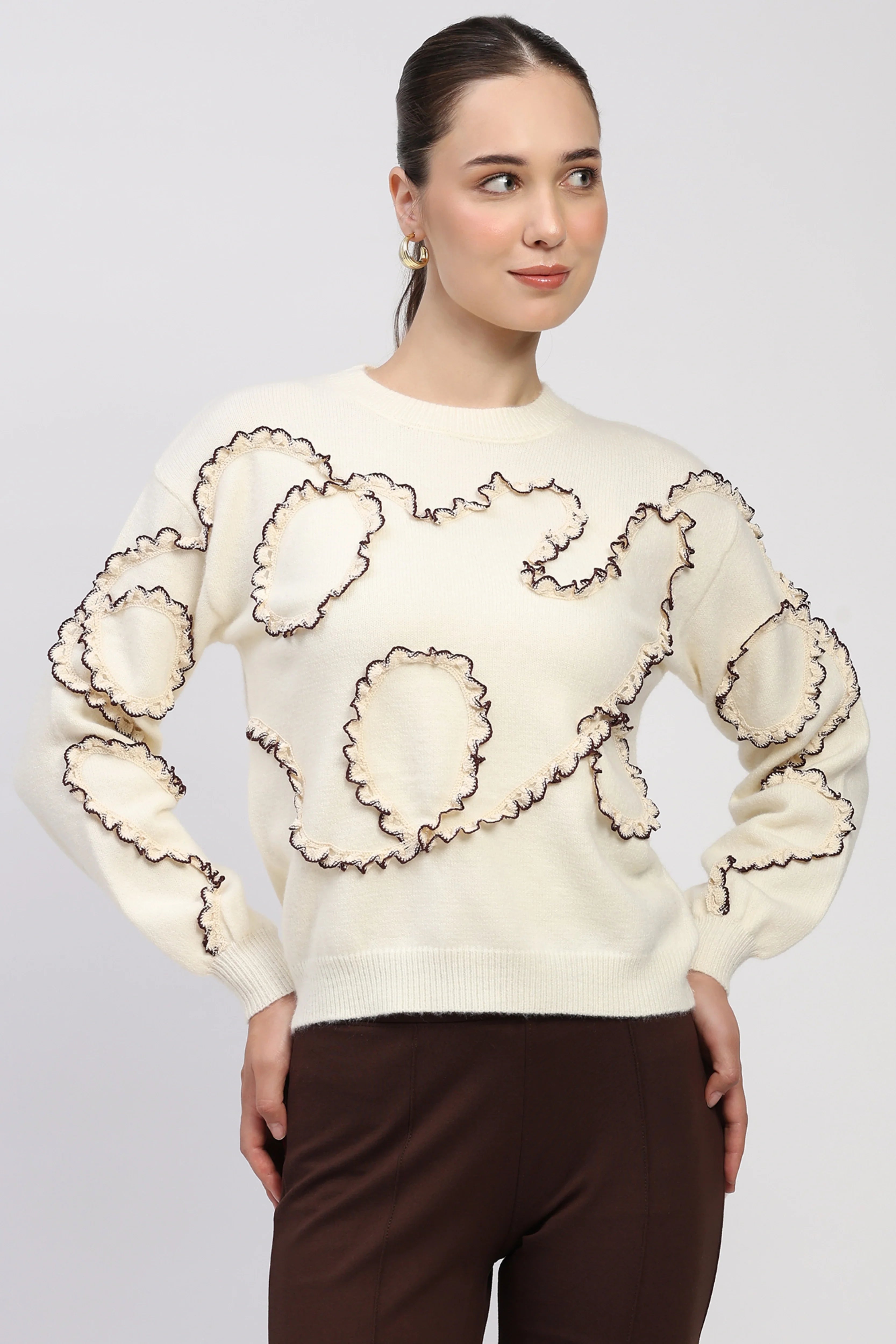 Off-White Crochet Lace Embellished Pullover
