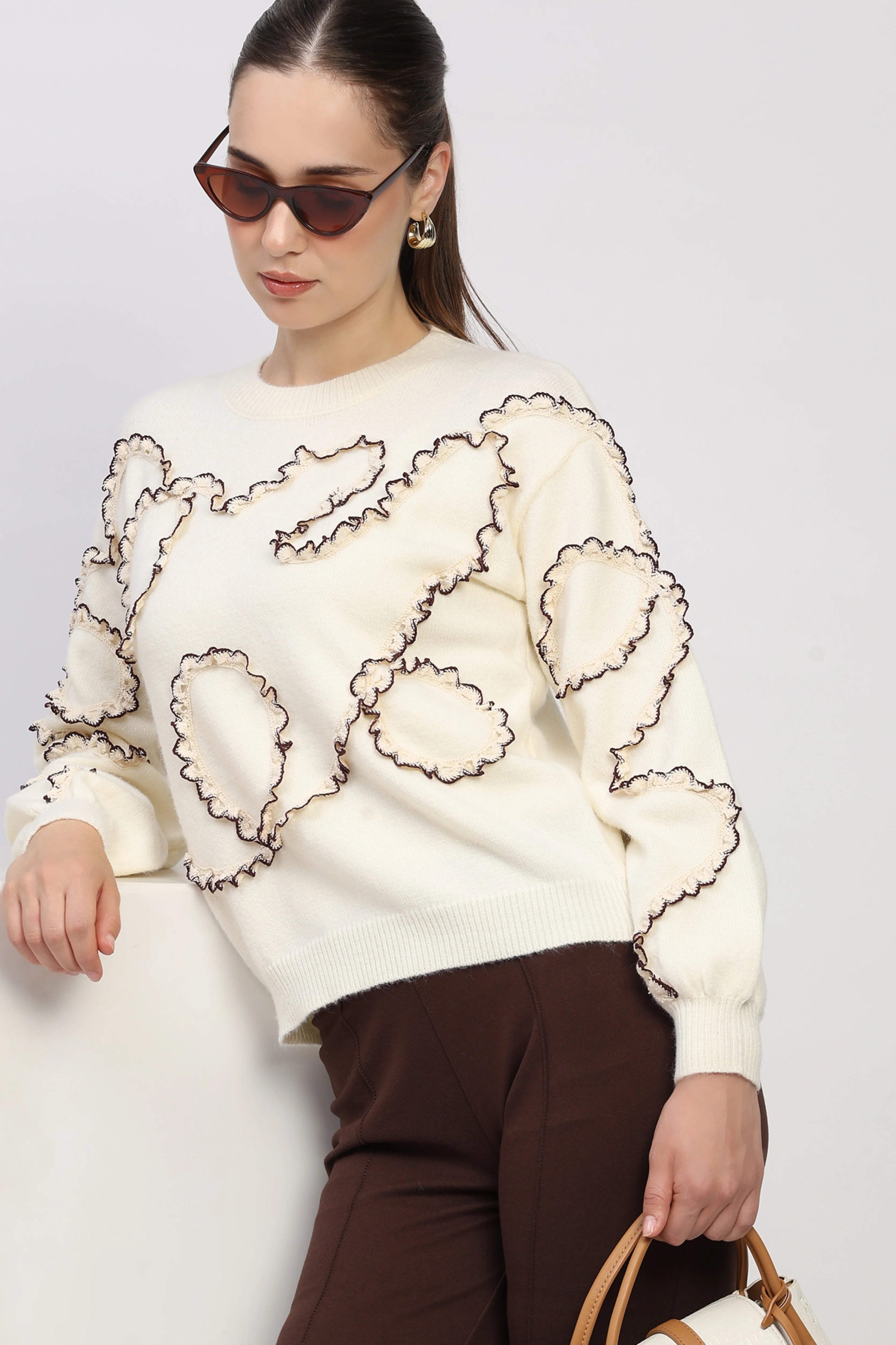 Off-White Crochet Lace Embellished Pullover