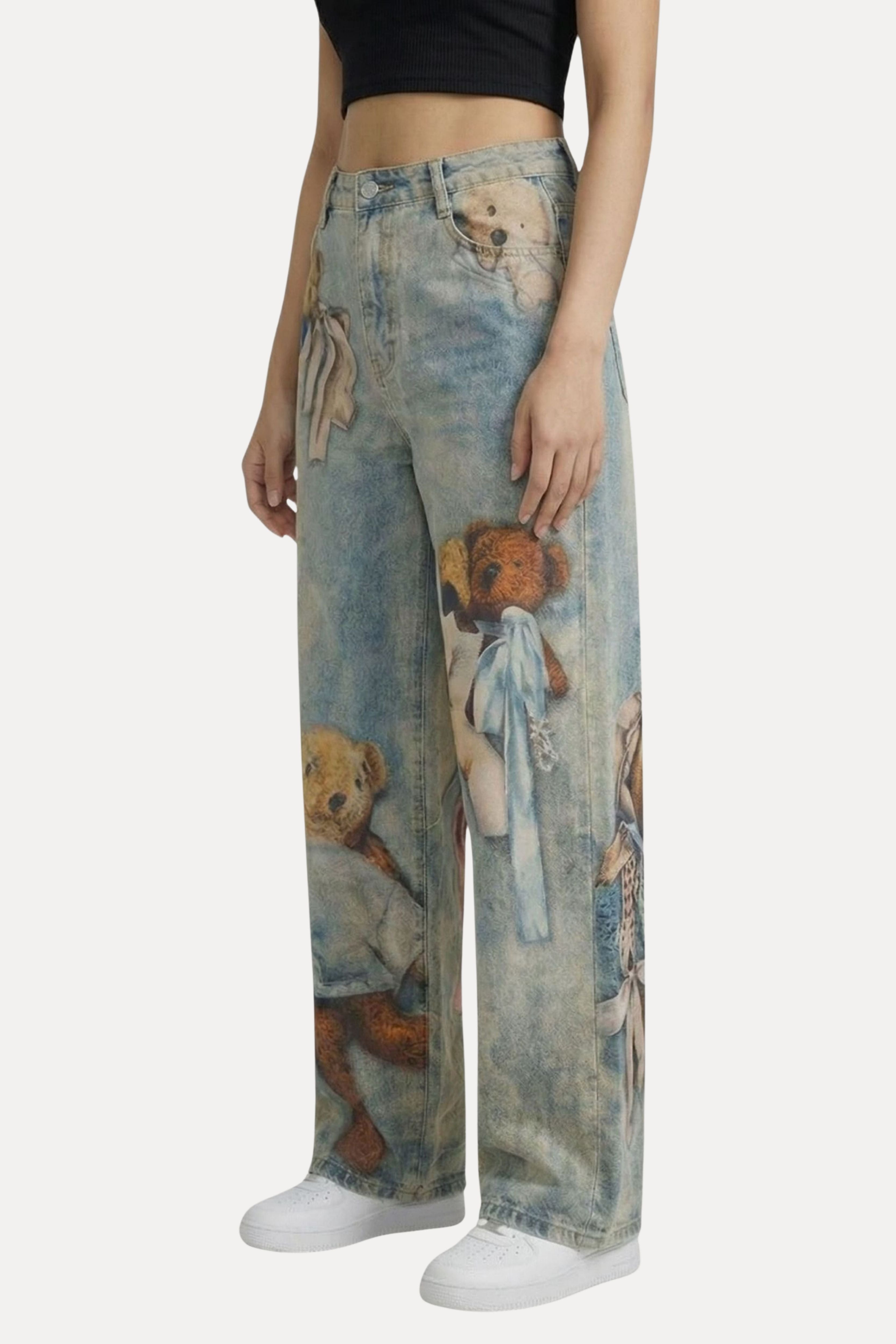 Blue Teddy Placement Print Baggy Jeans