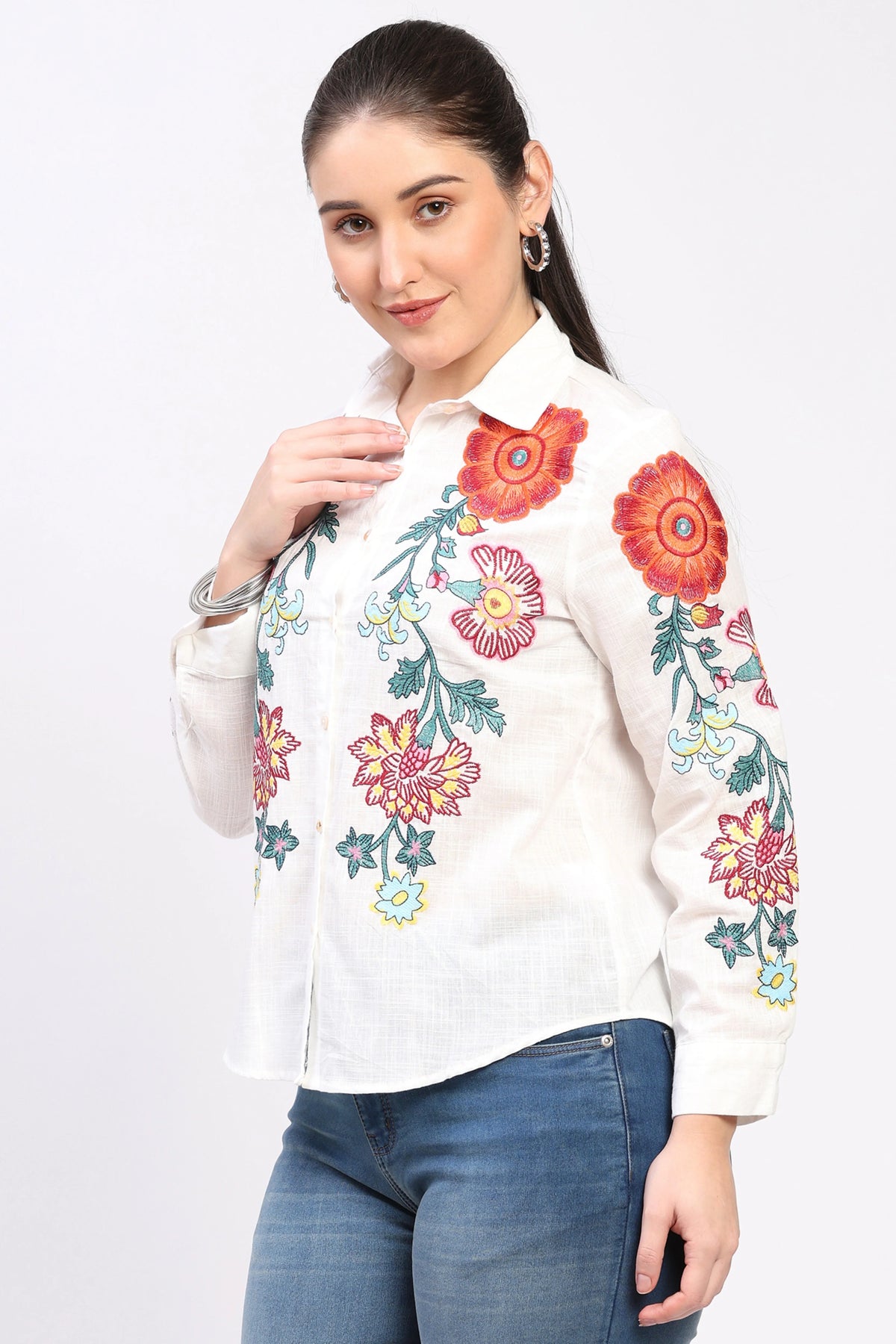 White Floral Embroidered Cotton Shirt-Global Republic