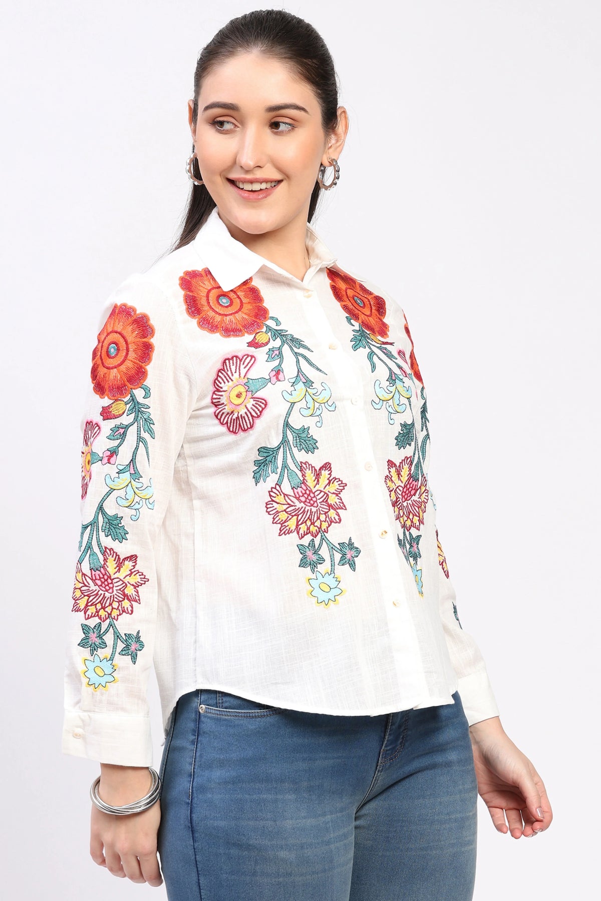 White Floral Embroidered Cotton Shirt-Global Republic