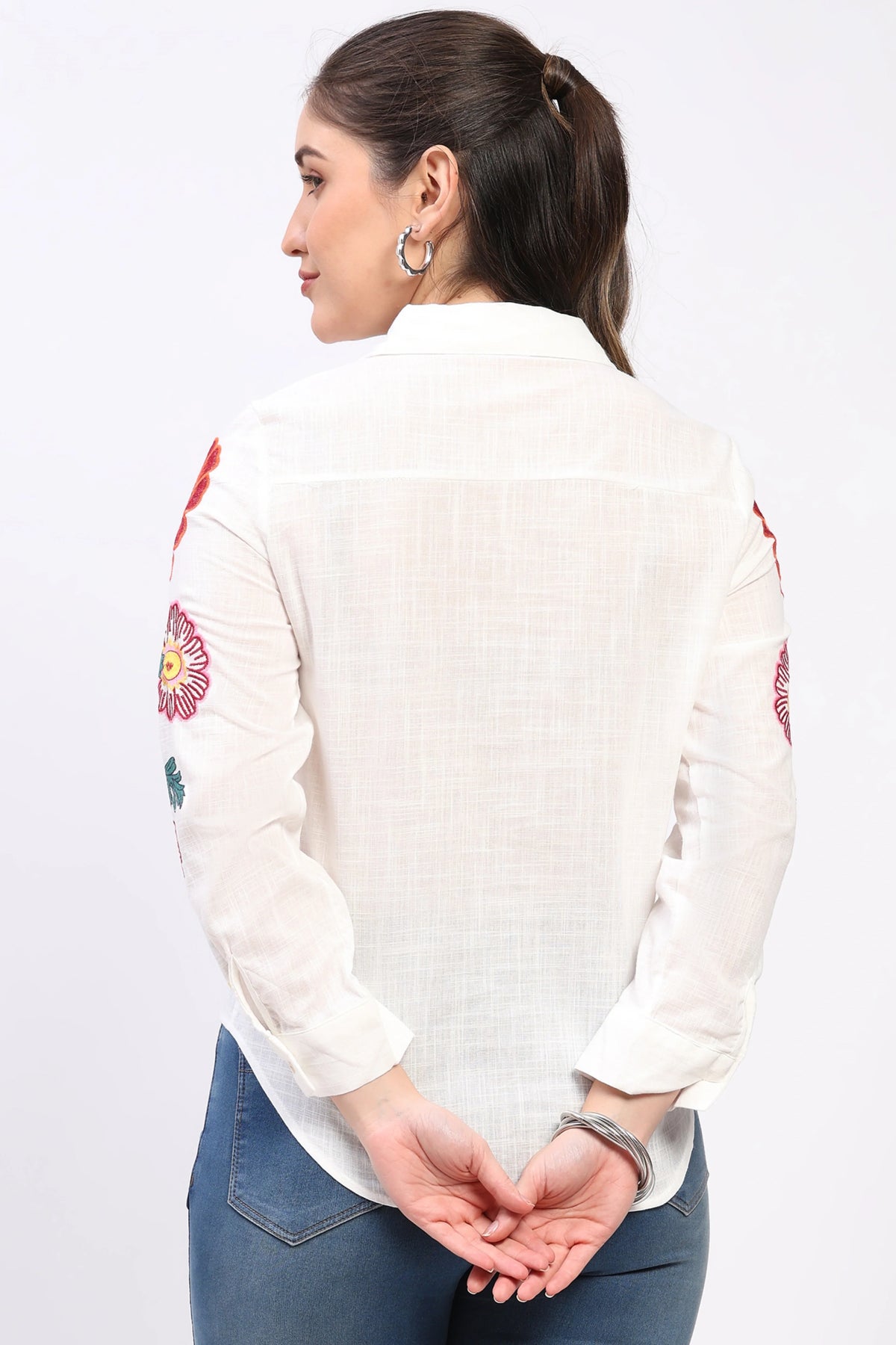 White Floral Embroidered Cotton Shirt-Global Republic