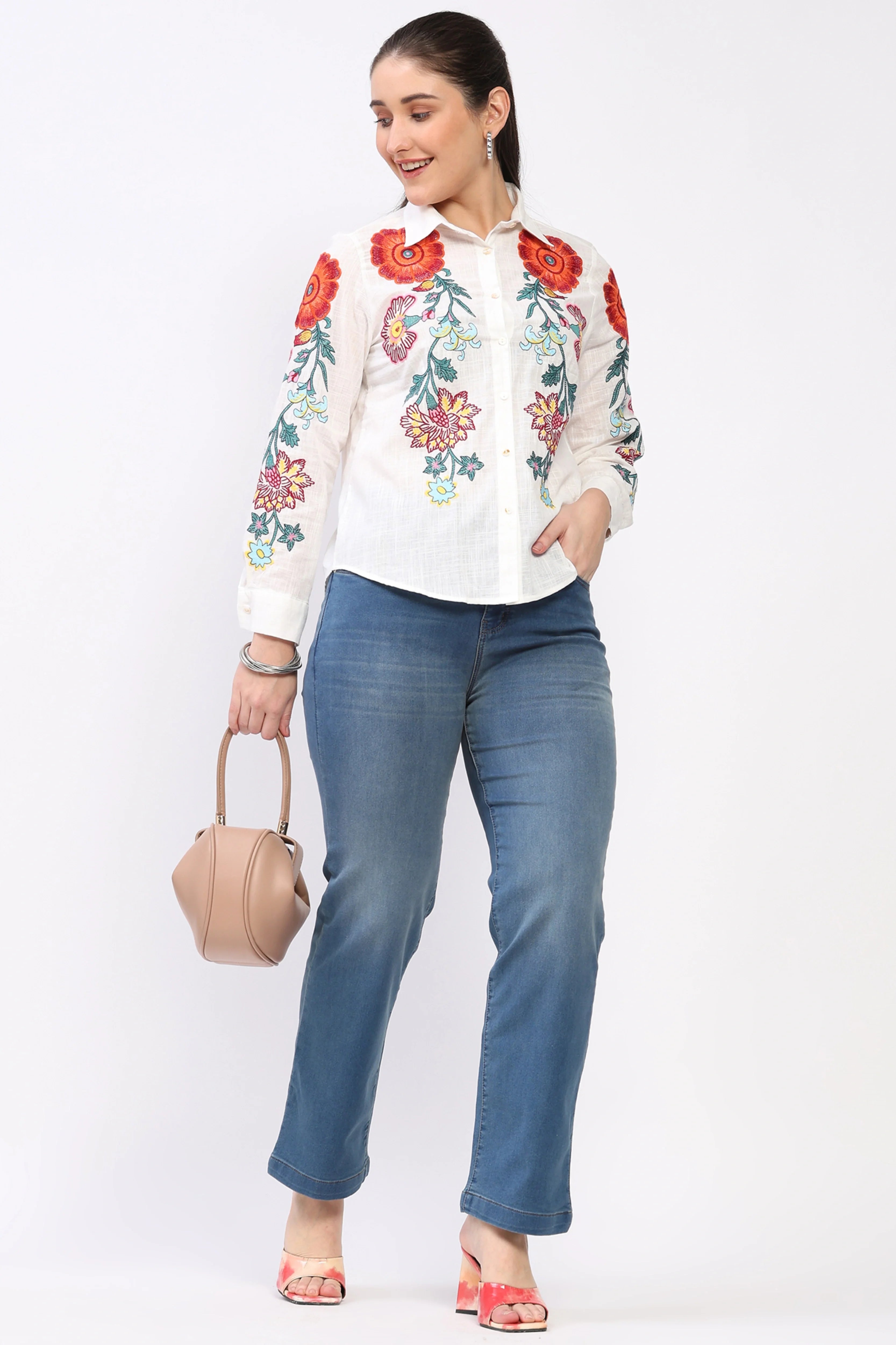 White Floral Embroidered Cotton Shirt-Global Republic
