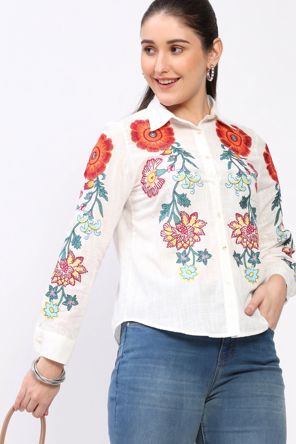 White Floral Embroidered Cotton Shirt-Global Republic