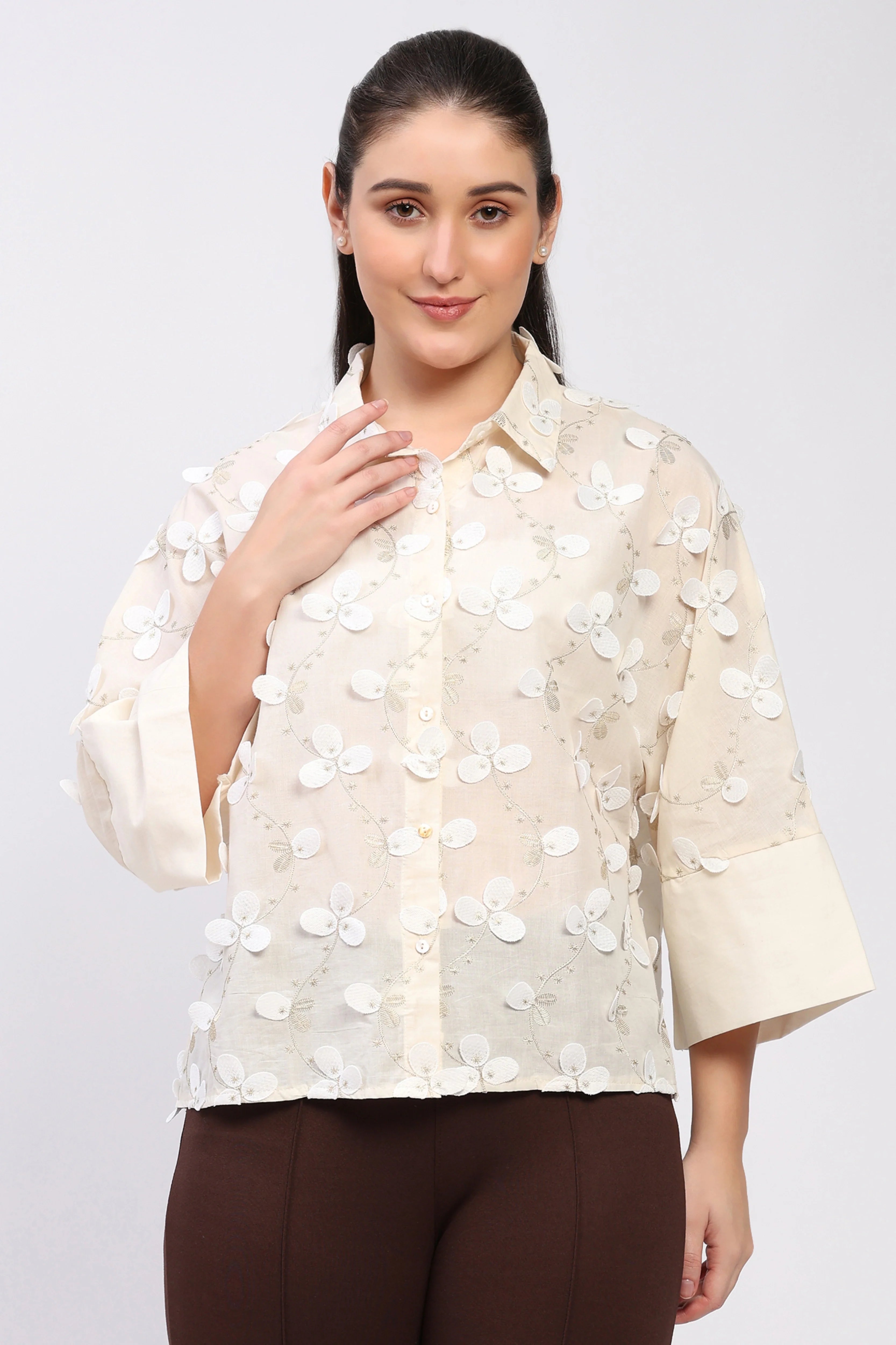 Cream Floral Embellished Shirt-Global Republic
