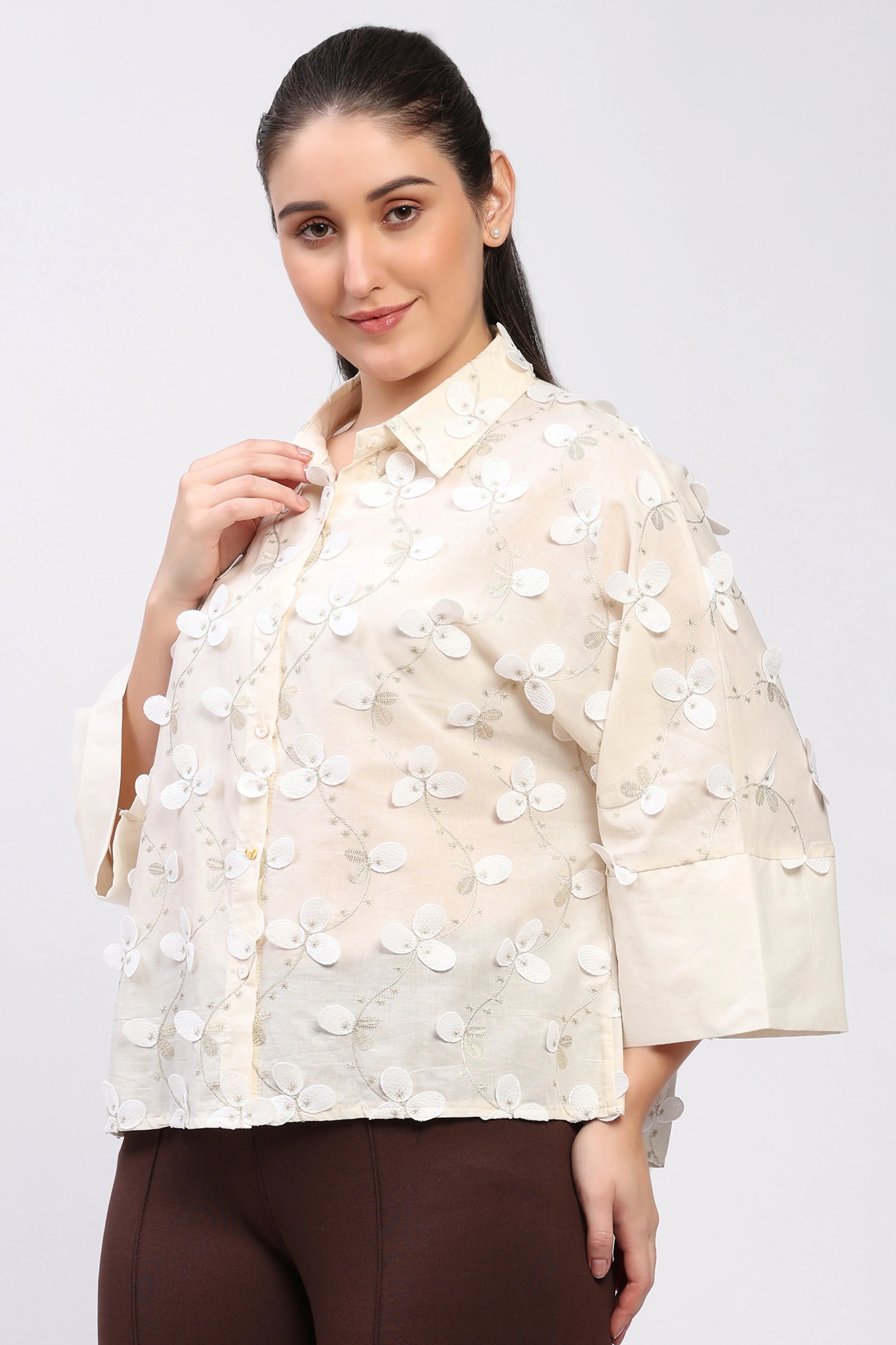 Cream Floral Embellished Shirt-Global Republic