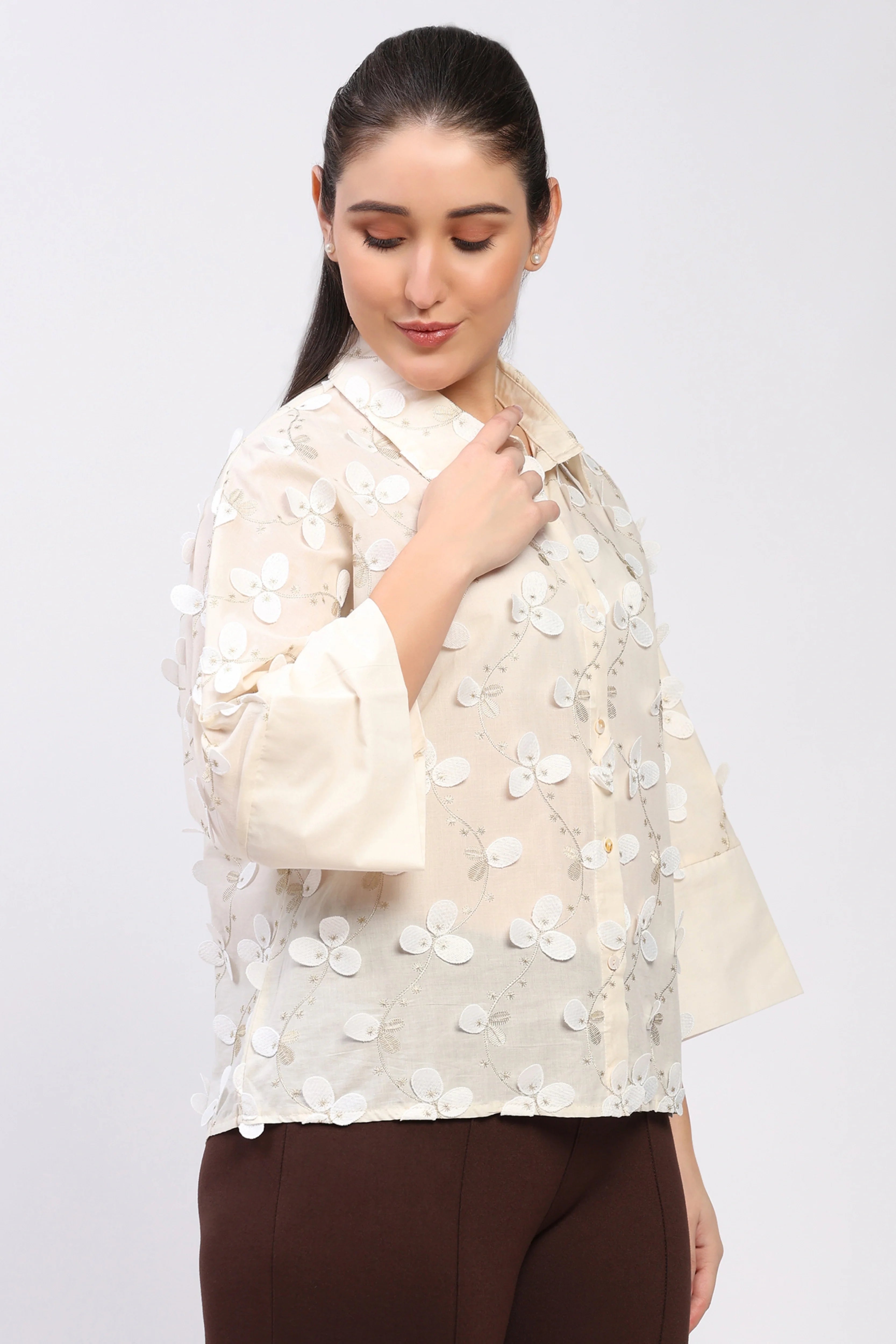 Cream Floral Embellished Shirt-Global Republic