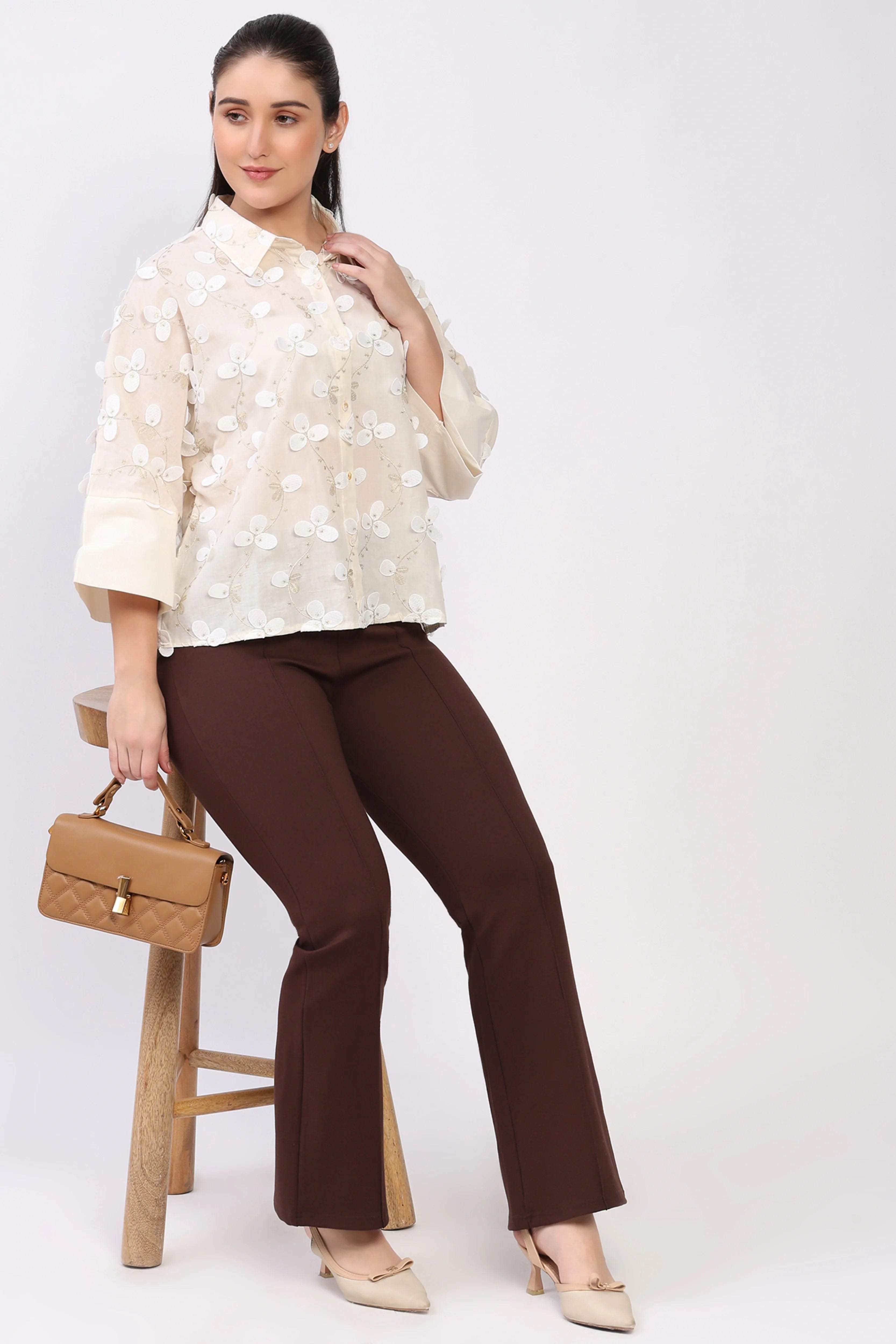 Cream Floral Embellished Shirt-Global Republic