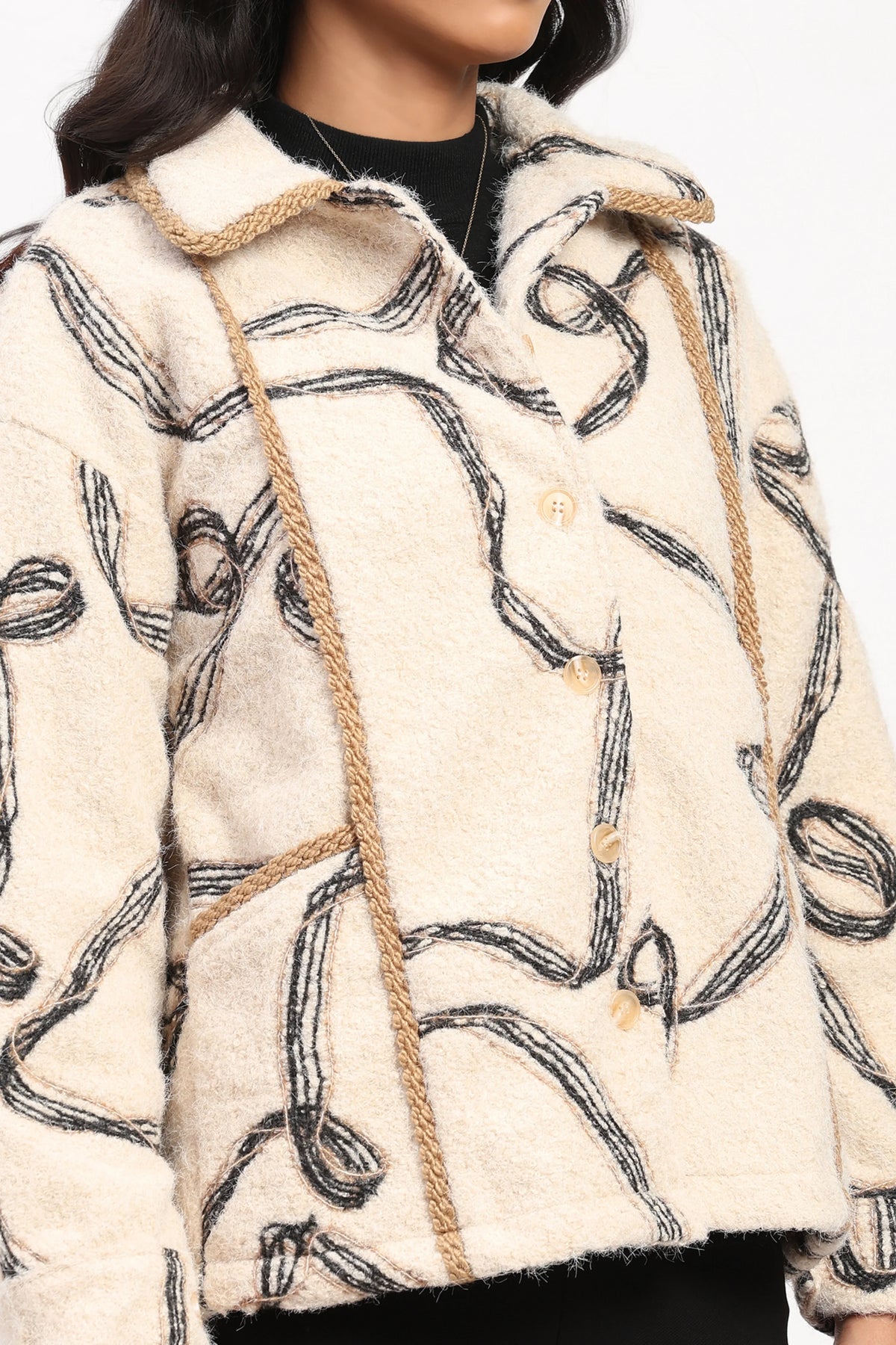 Cream Abstract Wool-Blend Shacket-Global Republic