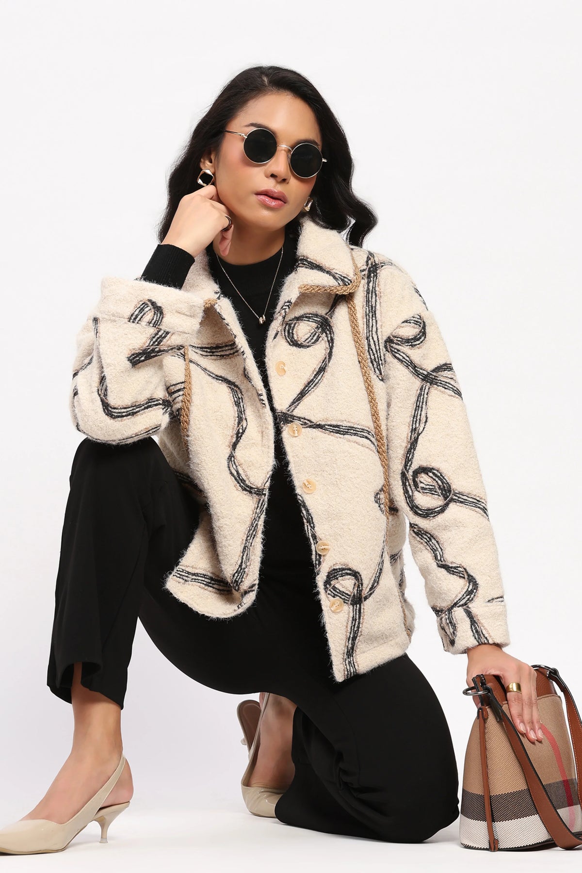 Cream Abstract Wool-Blend Shacket-Global Republic