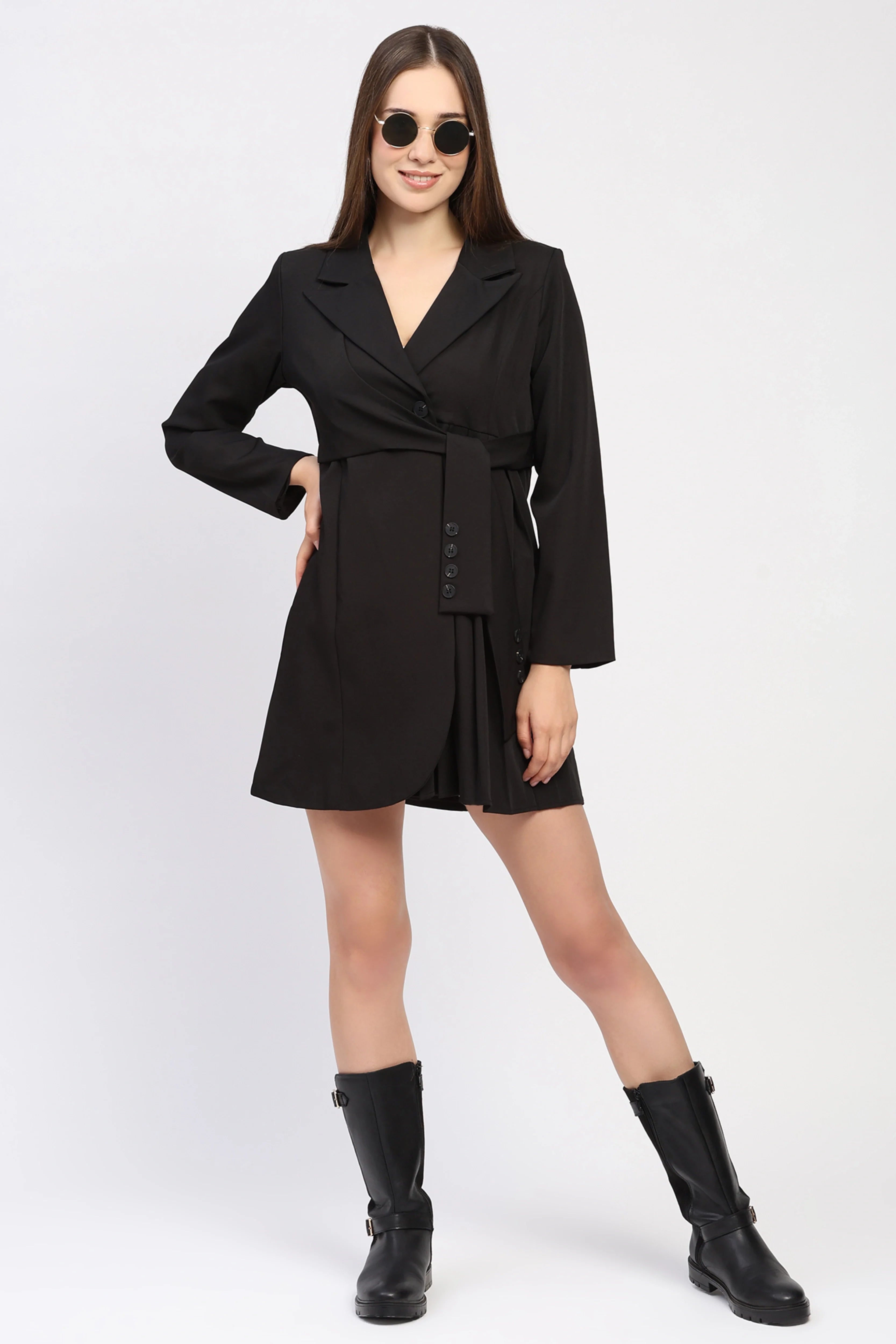 Black Tie-Up Waist Blazer Dress