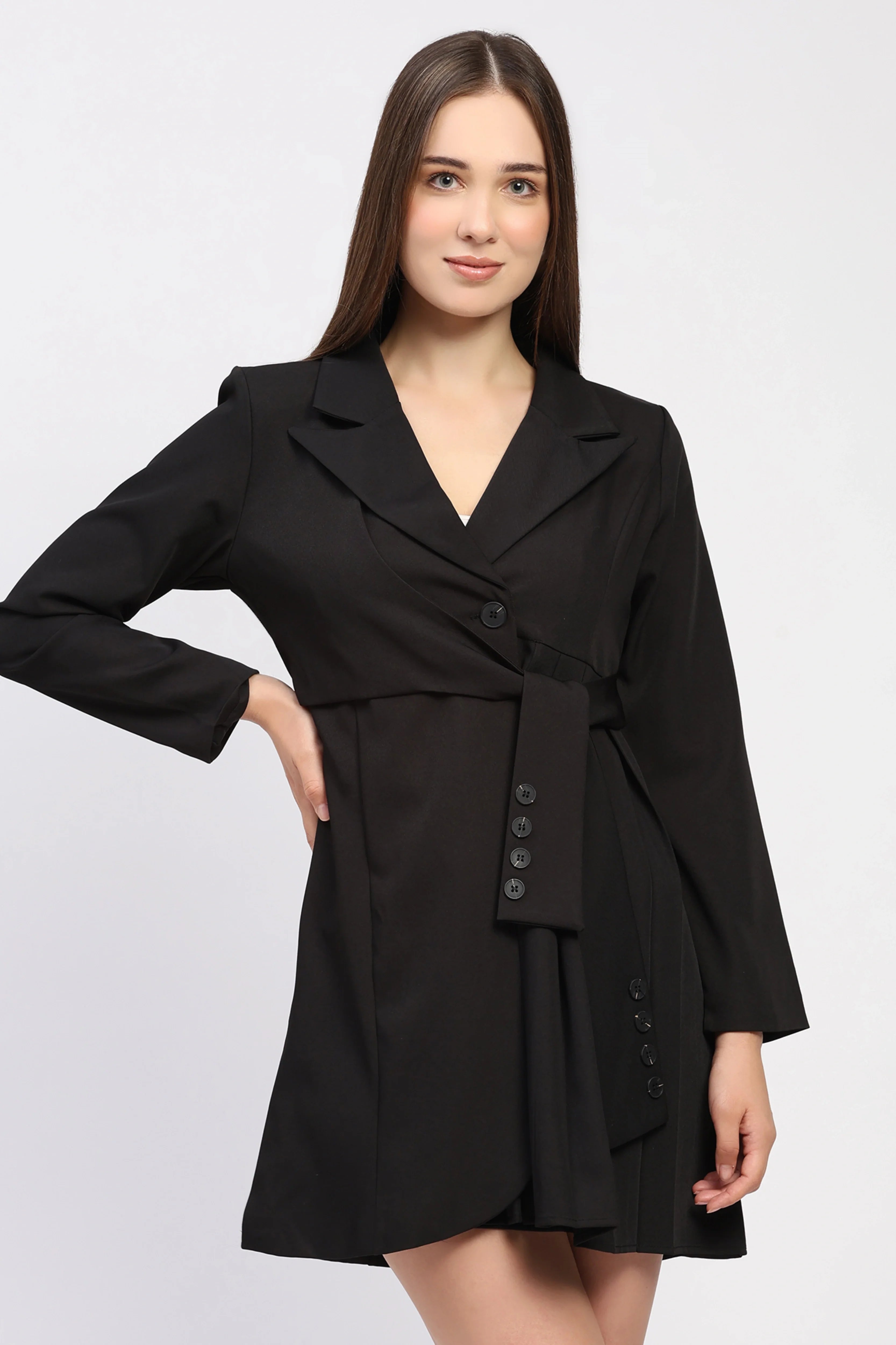 Black Tie-Up Waist Blazer Dress