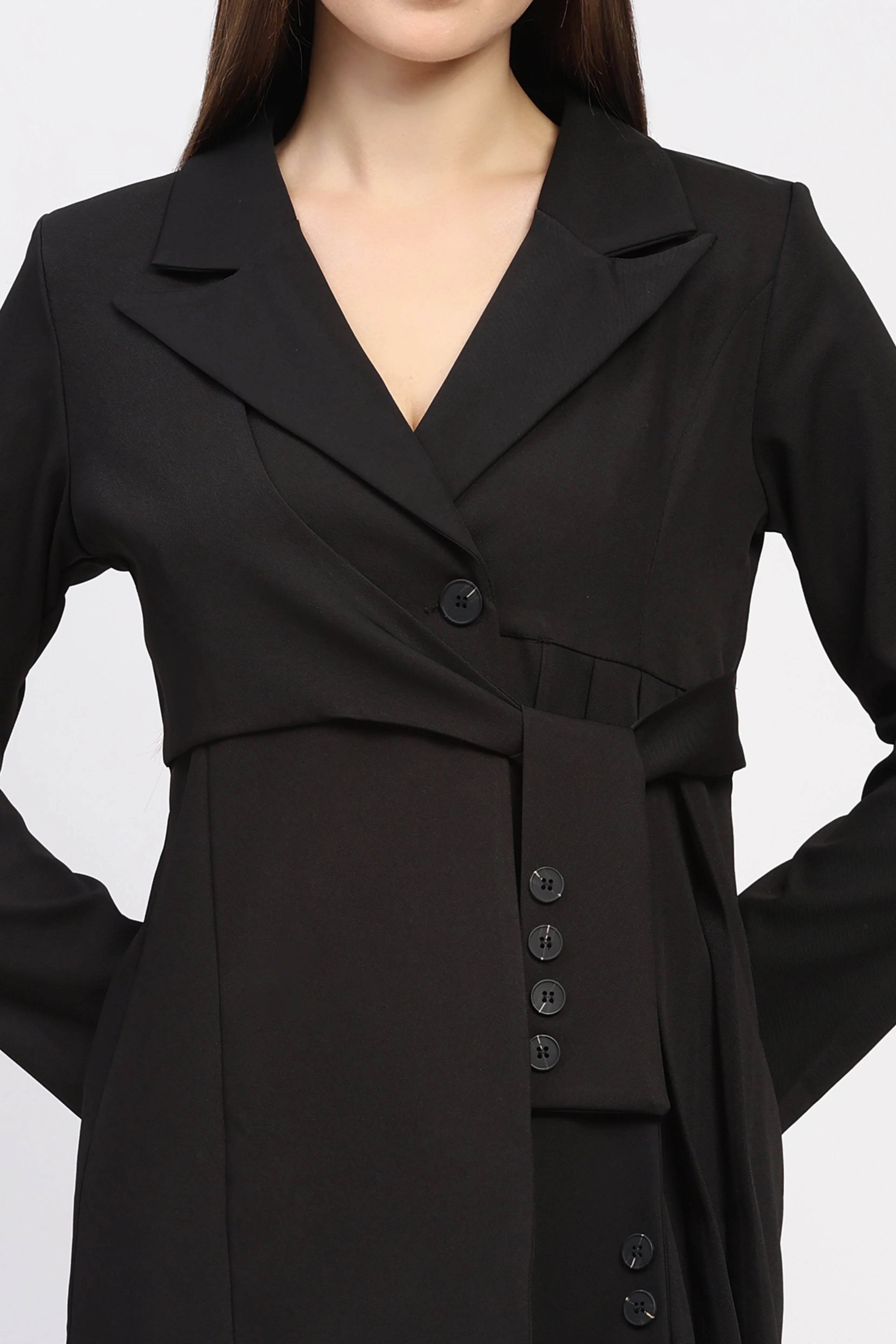 Black Tie-Up Waist Blazer Dress