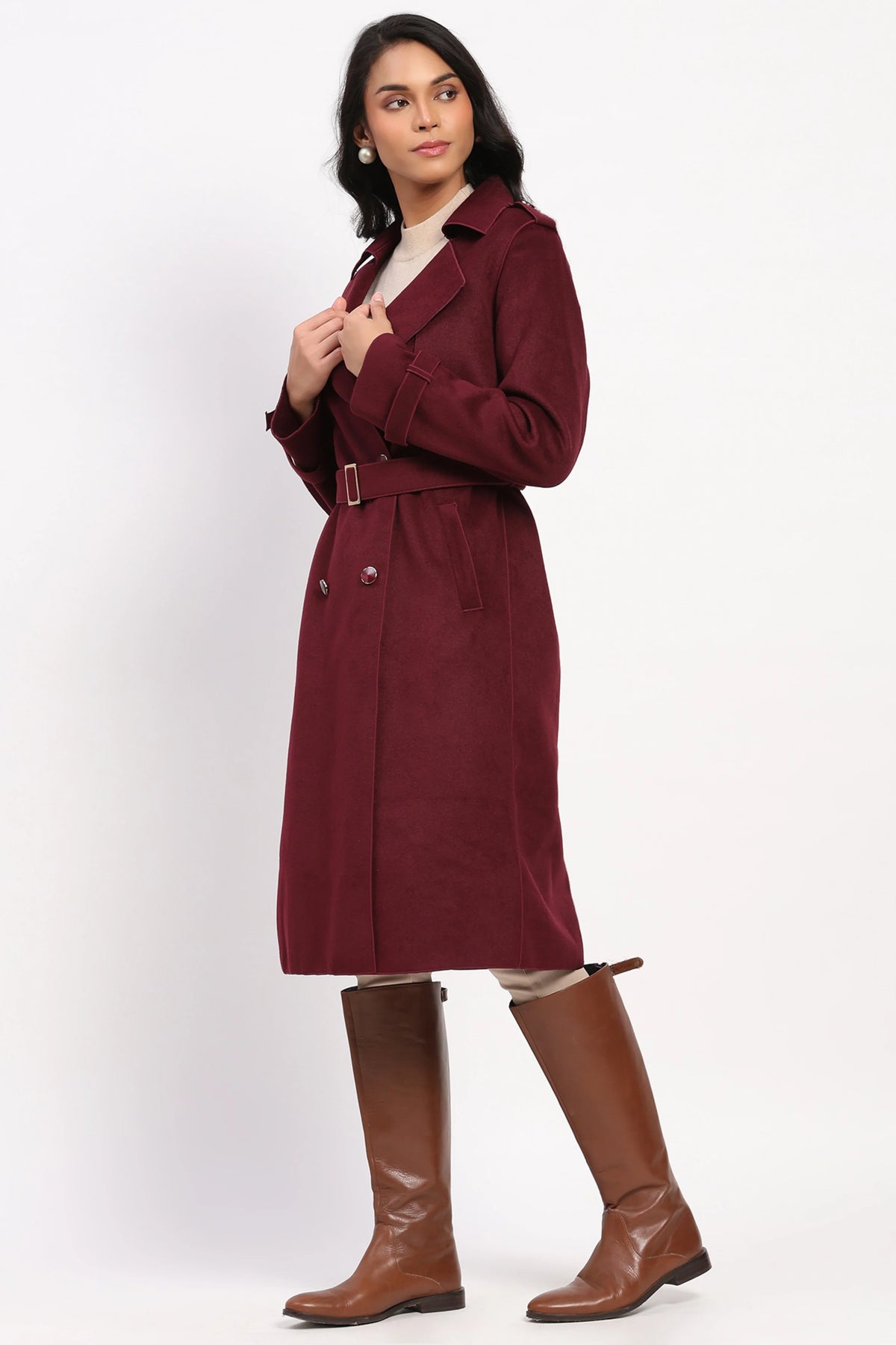 Wine Wool Blend Long Coat-Global Republic