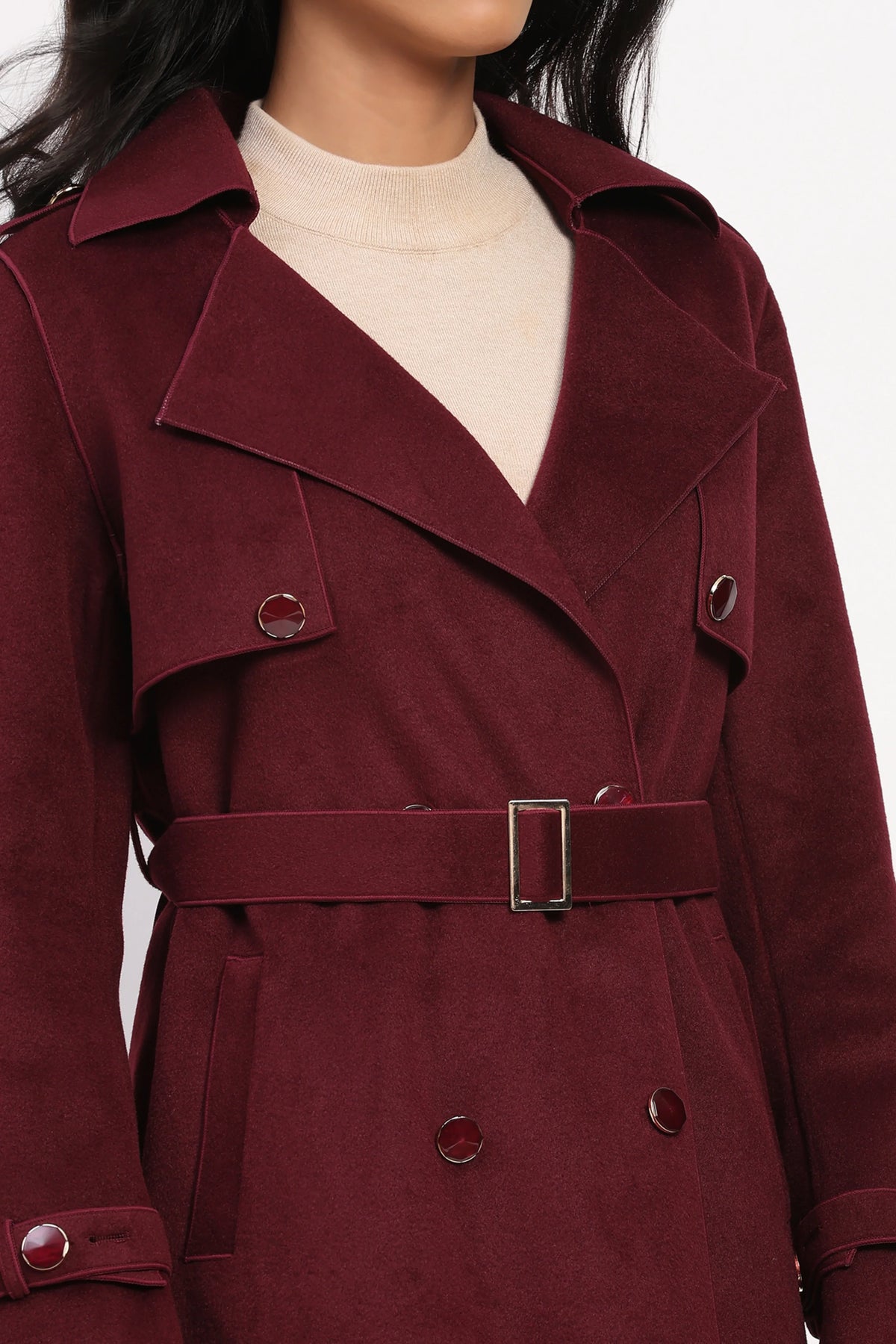 Wine Wool Blend Long Coat-Global Republic