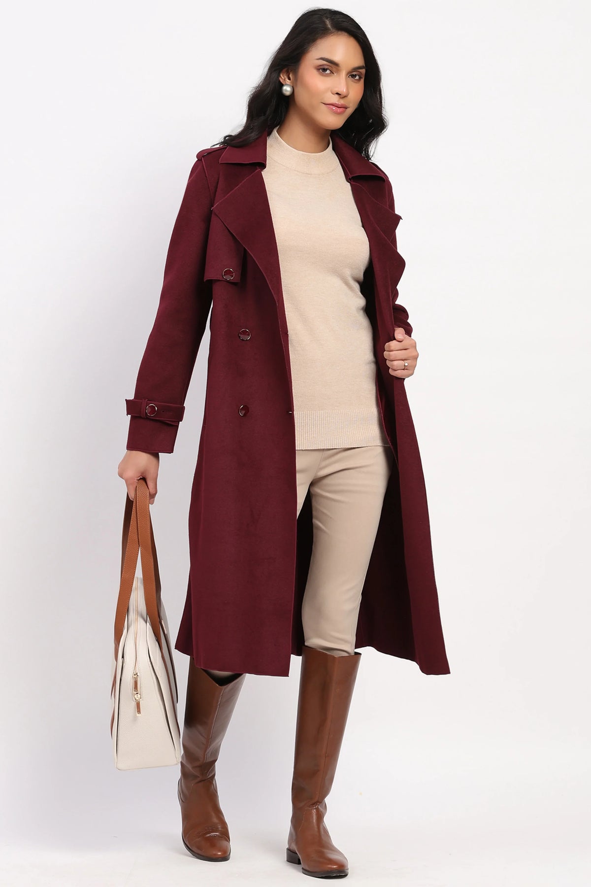 Wine Wool Blend Long Coat-Global Republic