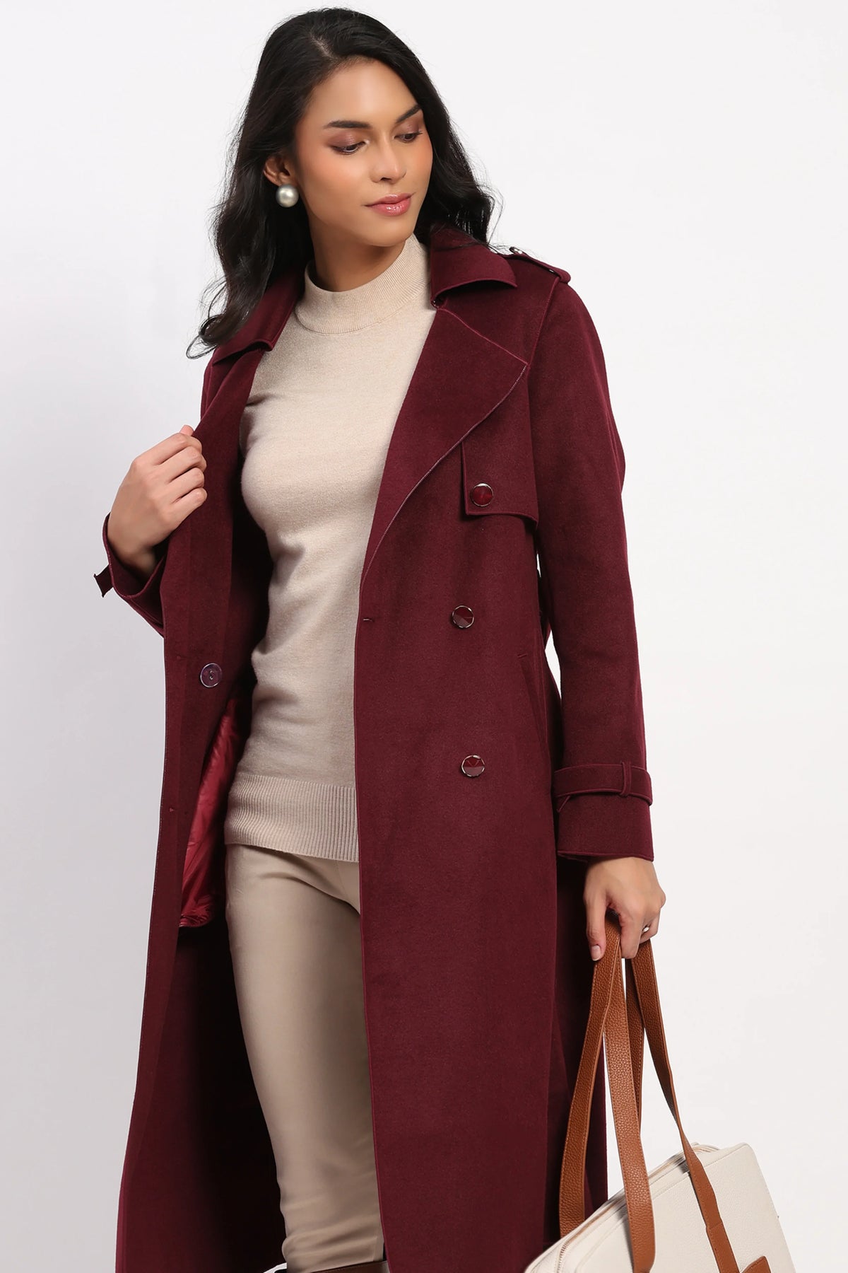 Wine Wool Blend Long Coat-Global Republic