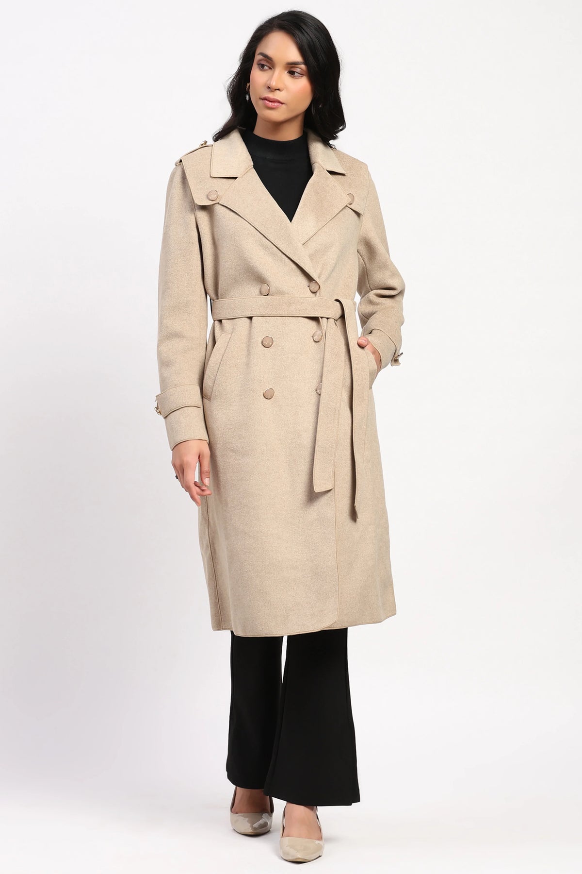 Beige Double-Breasted Long Coat-Global Republic
