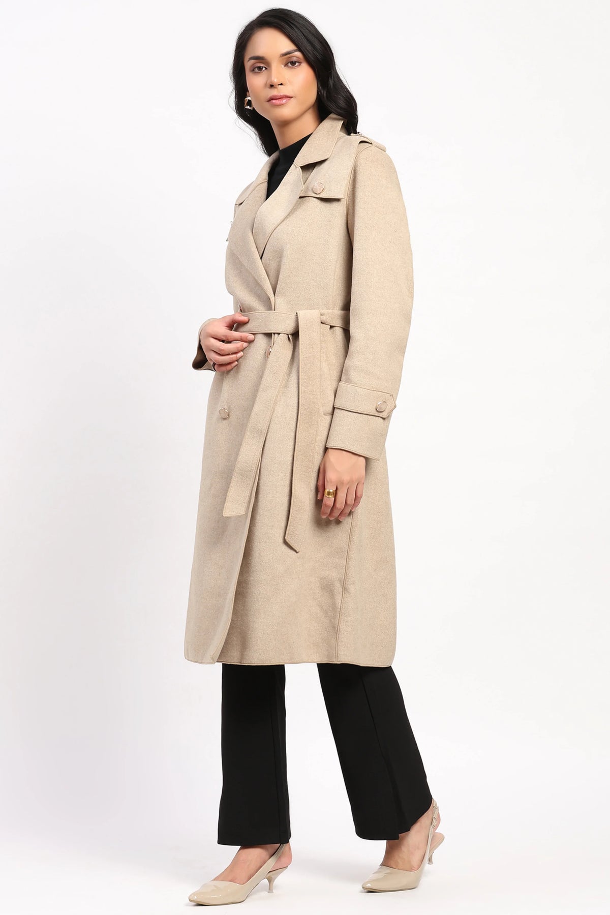 Beige Double-Breasted Long Coat-Global Republic
