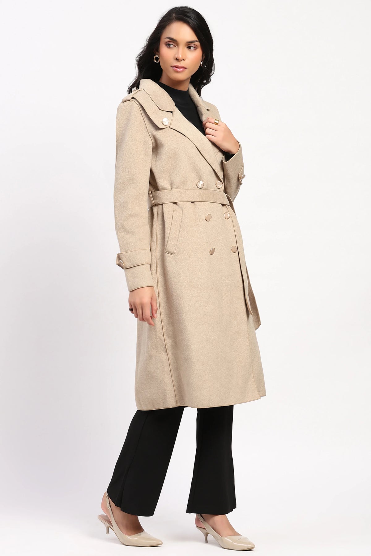Beige Double-Breasted Long Coat-Global Republic