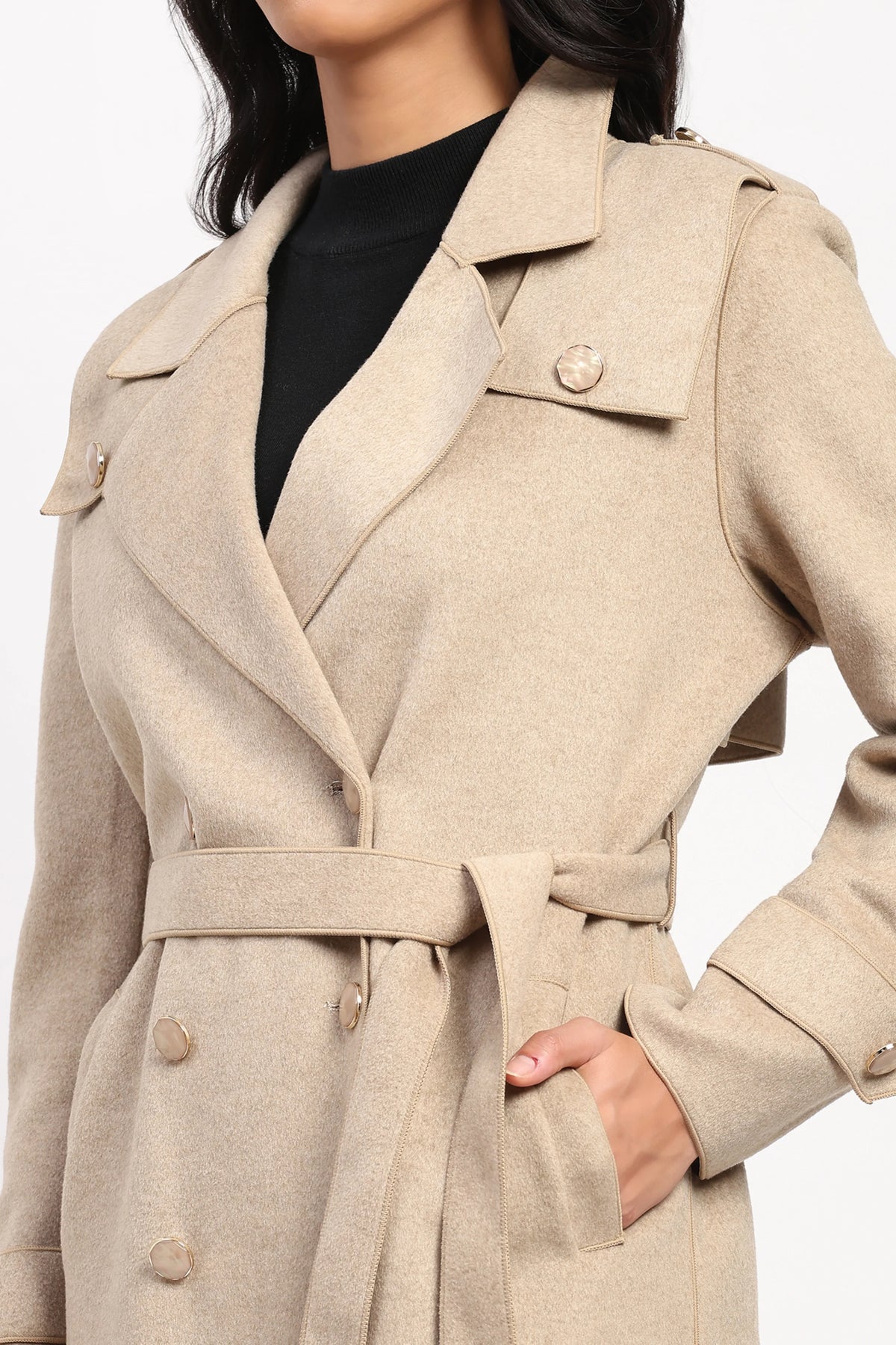 Beige Double-Breasted Long Coat-Global Republic