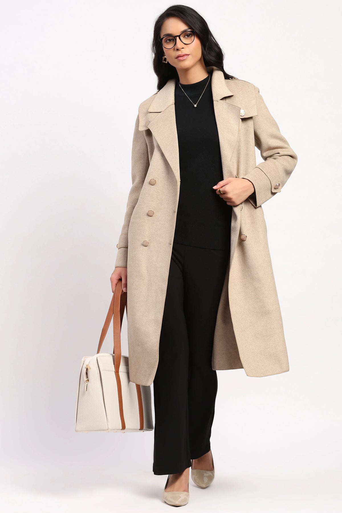 Beige Double-Breasted Long Coat-Global Republic