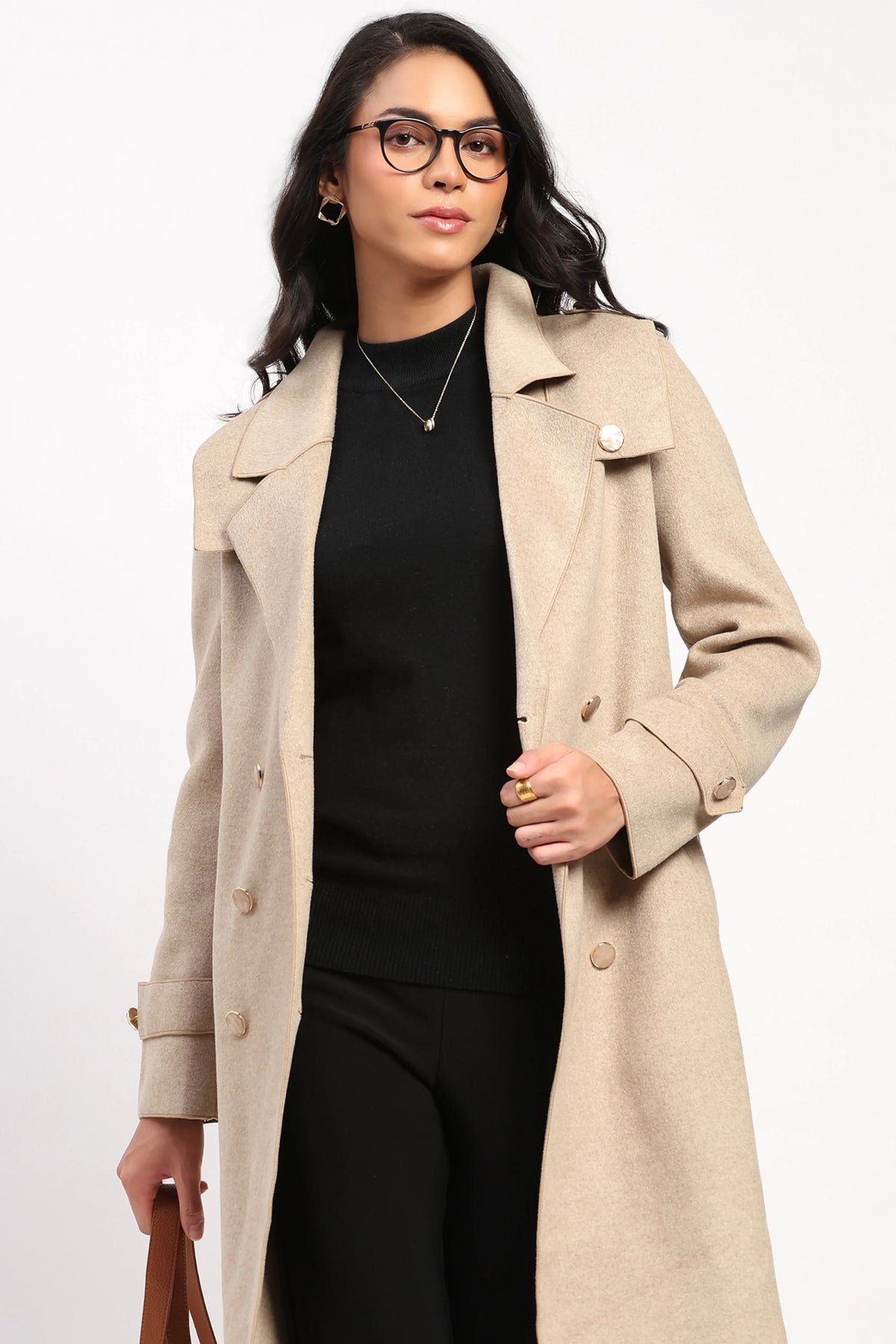 Beige Double-Breasted Long Coat-Global Republic