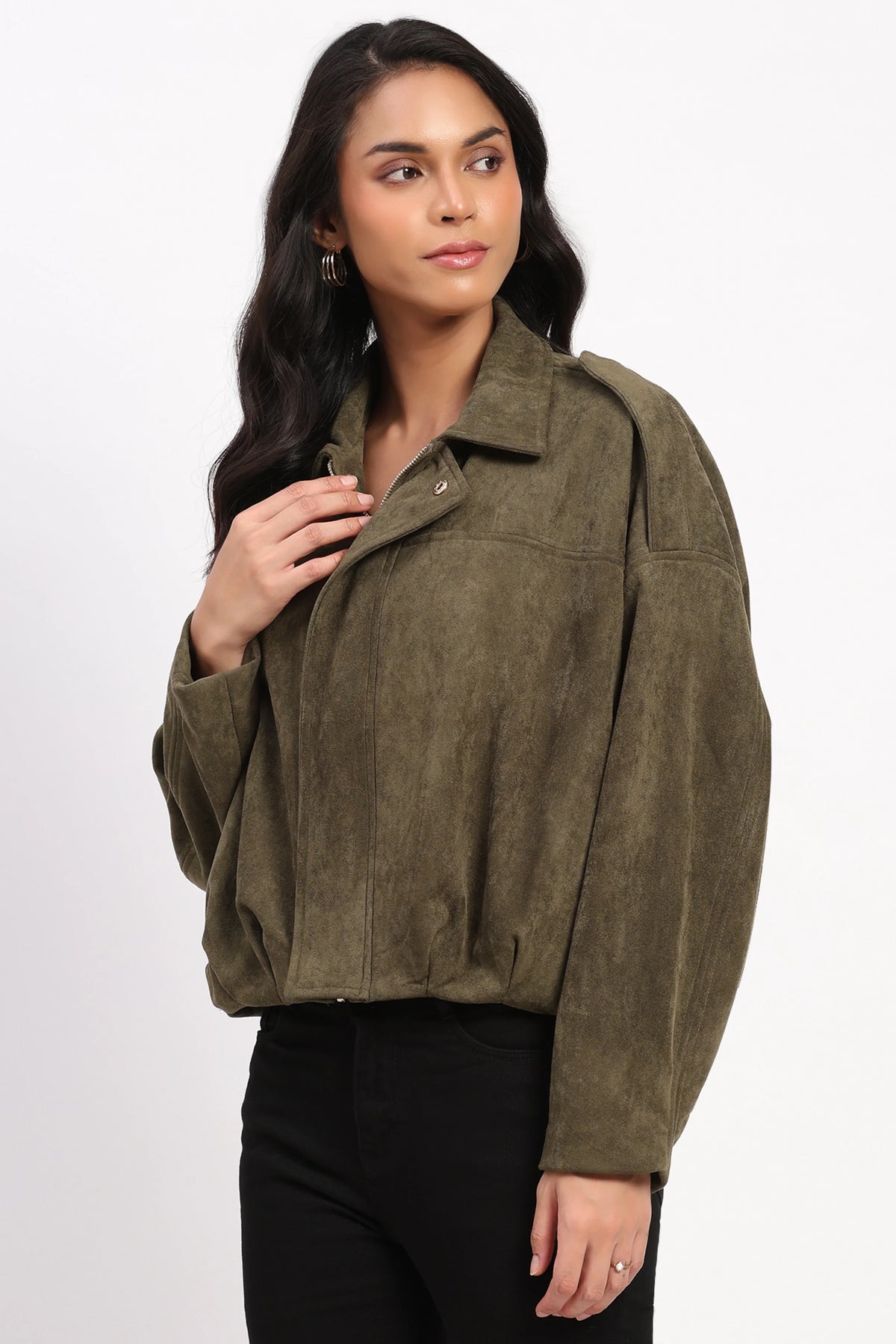 Olive Suede Baggy Winter Jacket-Global Republic