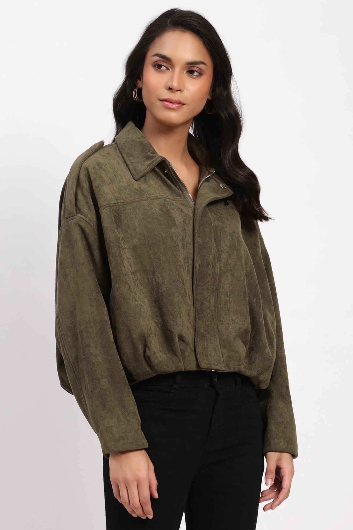 Olive Suede Baggy Winter Jacket-Global Republic
