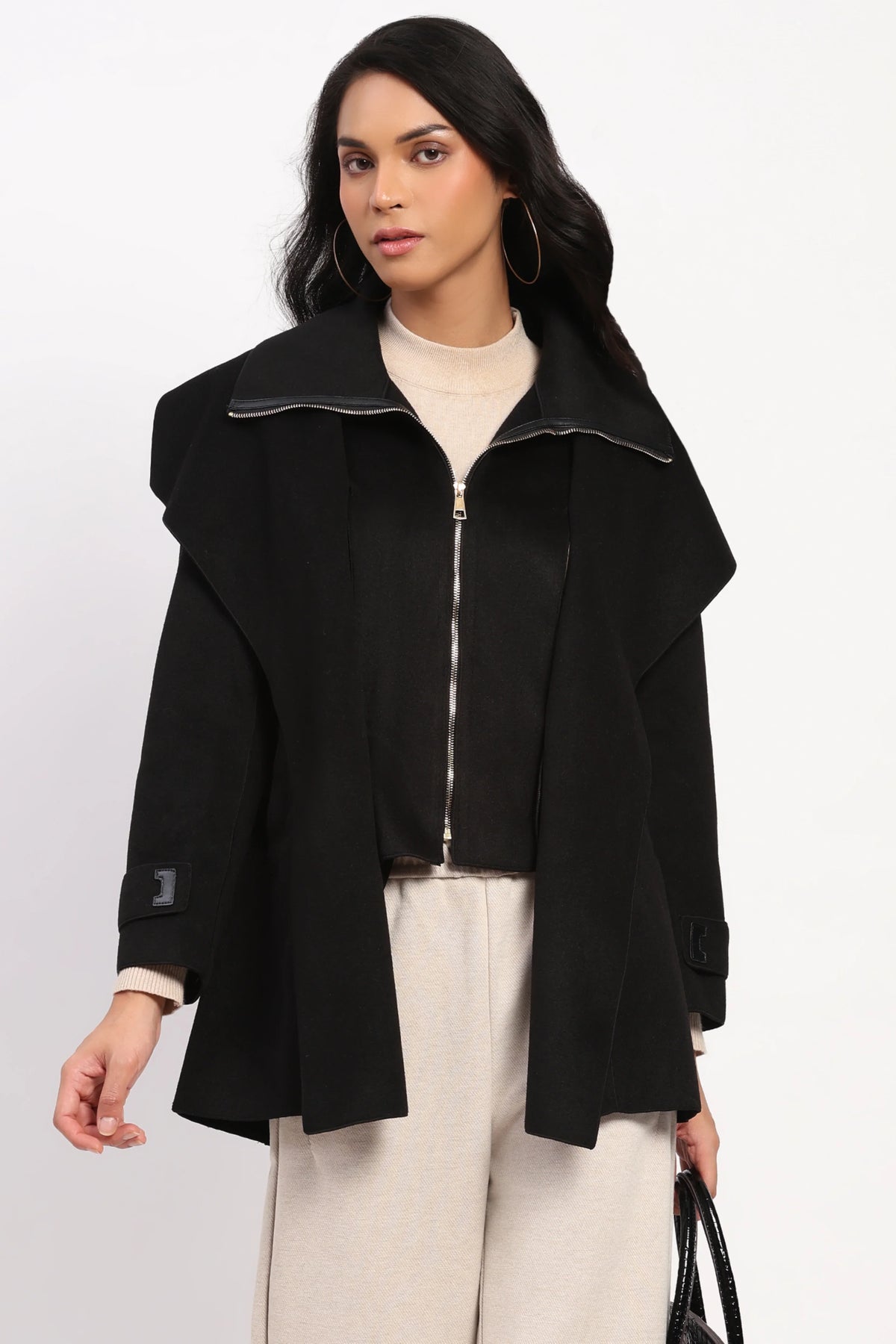 Black Double Layered Belted Coat-Global Republic
