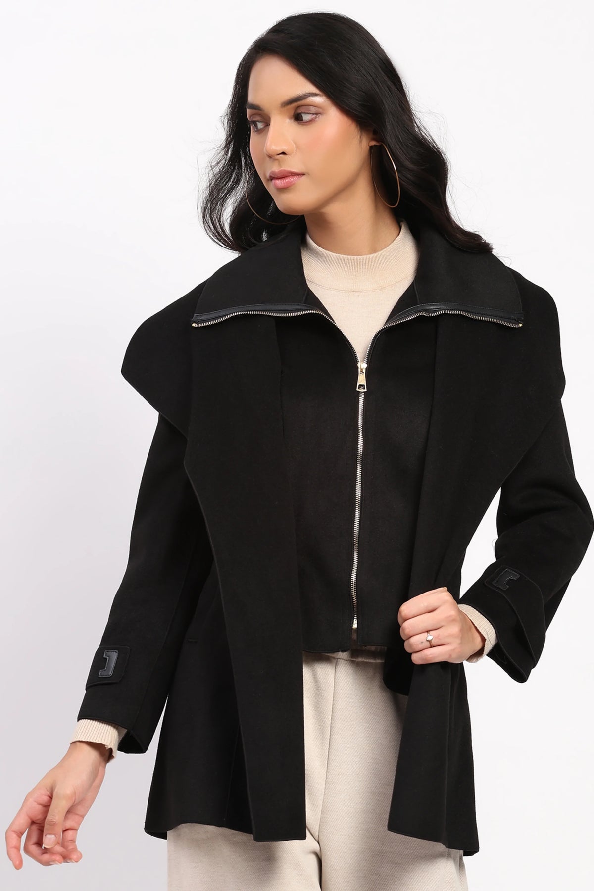 Black Double Layered Belted Coat-Global Republic