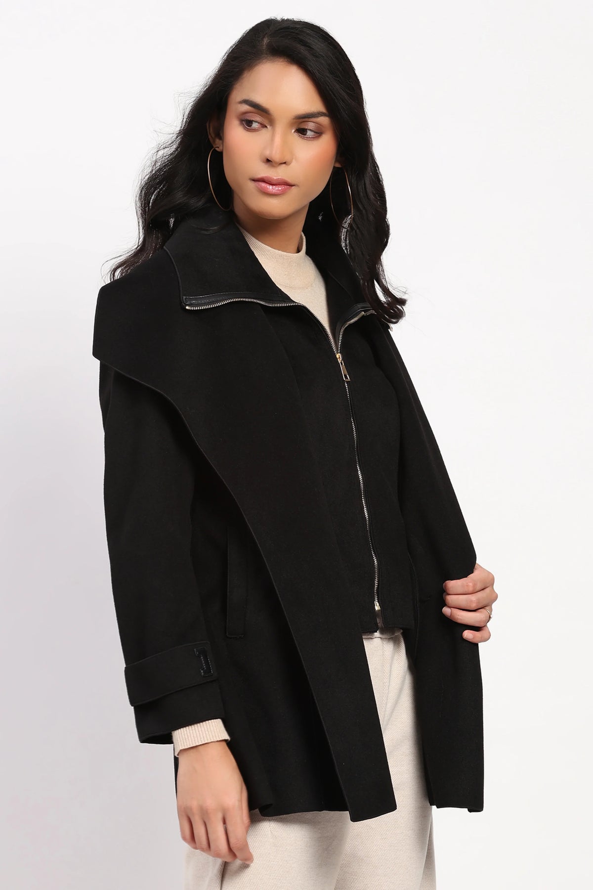 Black Double Layered Belted Coat-Global Republic