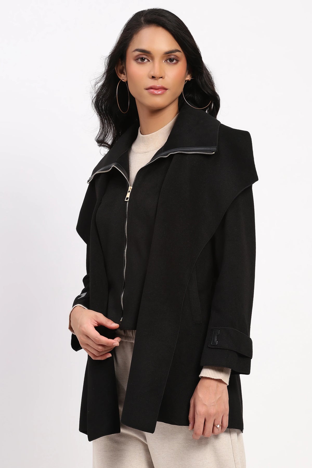 Black Double Layered Belted Coat-Global Republic