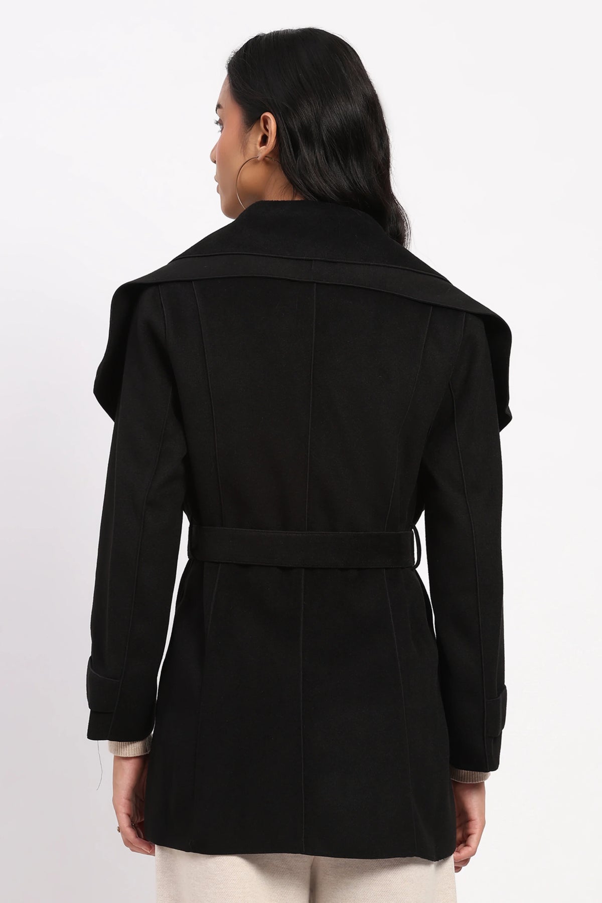 Black Double Layered Belted Coat-Global Republic