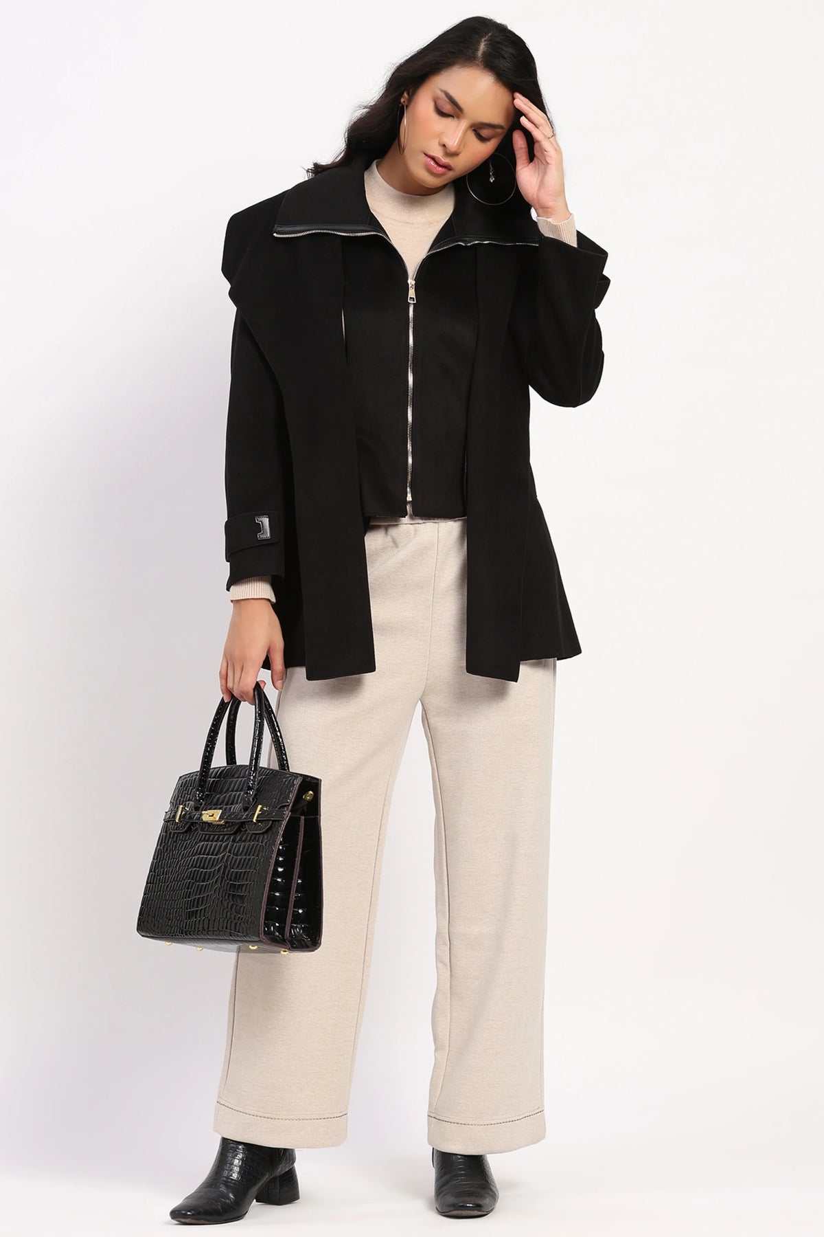 Black Double Layered Belted Coat-Global Republic