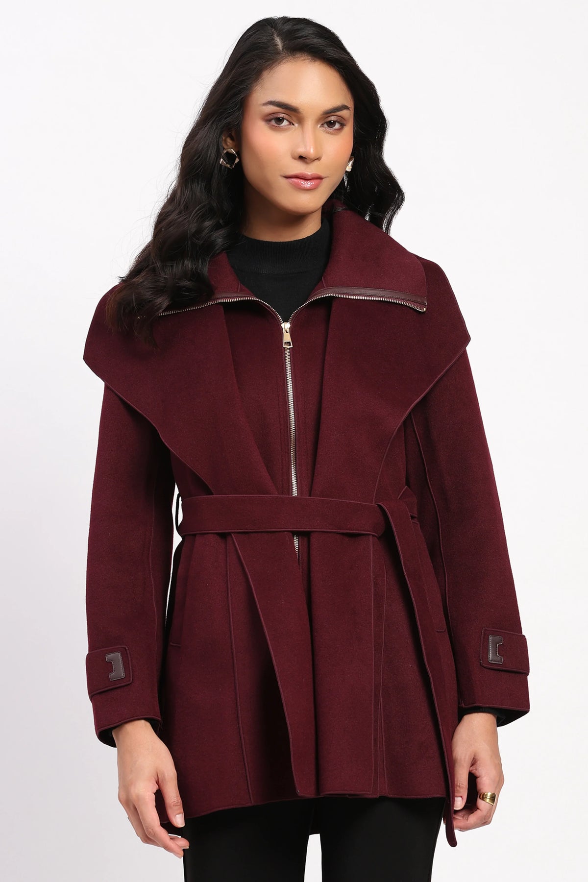 Wine Double Layered Belted Coat-Global Republic