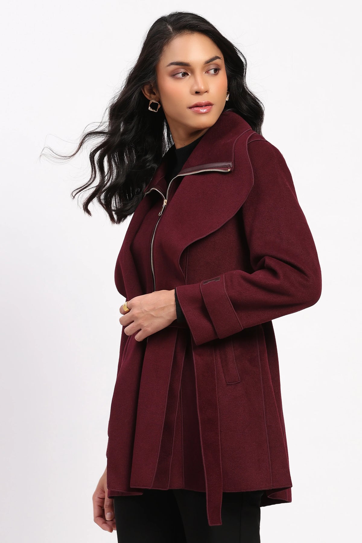 Wine Double Layered Belted Coat-Global Republic